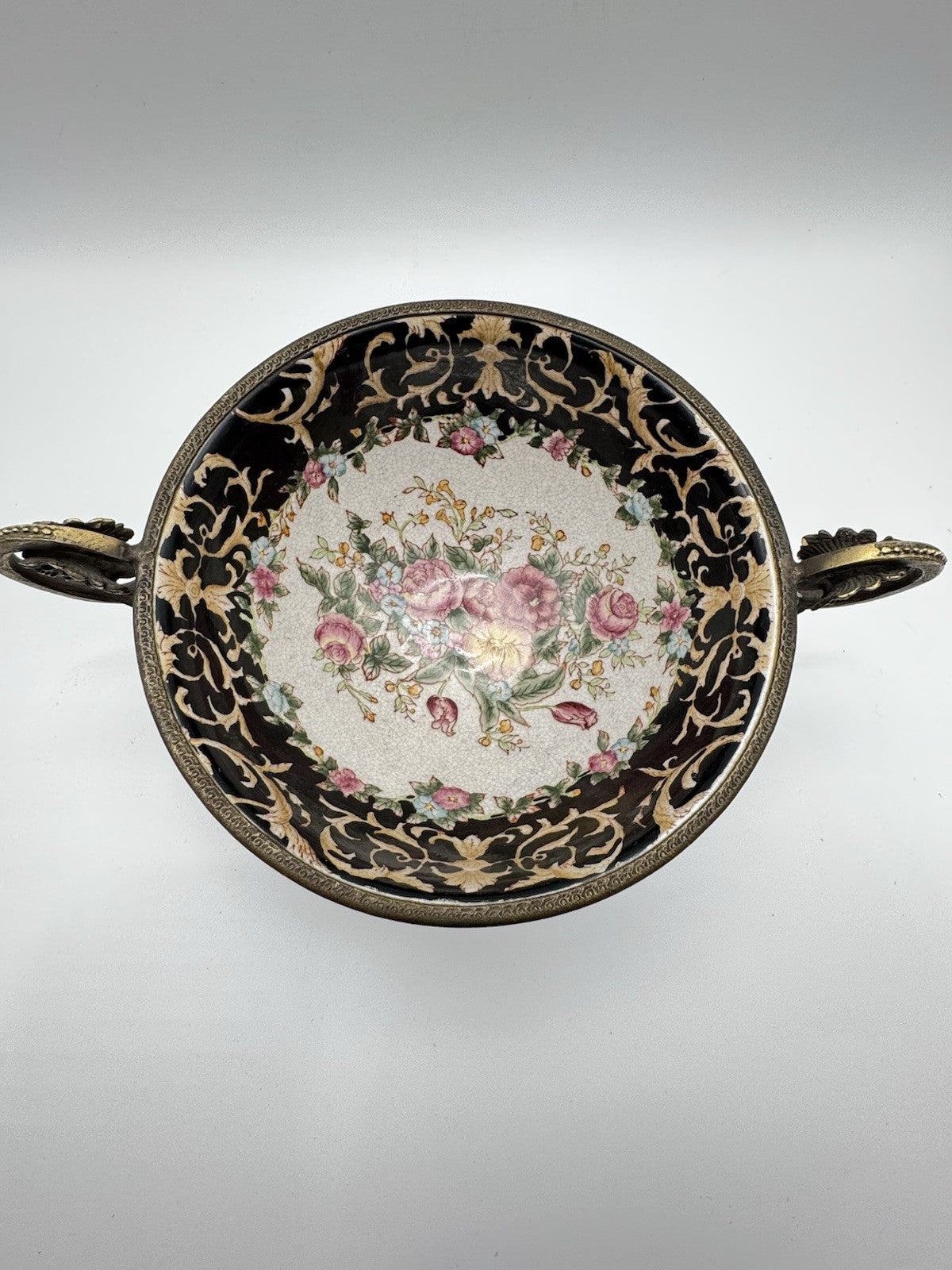 Chinese Export Crackle Glaze Center Piece Ormolu Style Handles ESTATE FIND