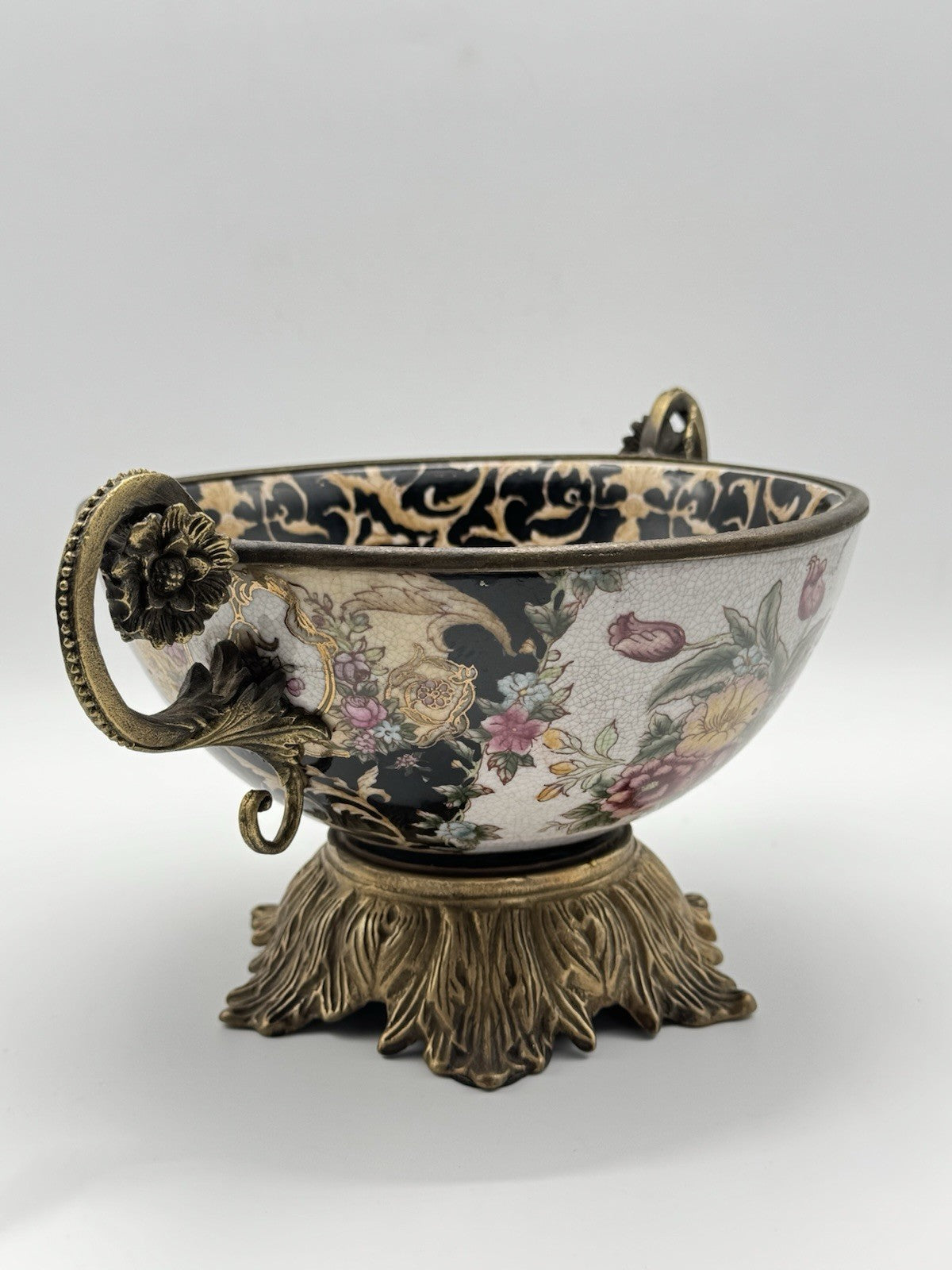 Chinese Export Crackle Glaze Center Piece Ormolu Style Handles ESTATE FIND