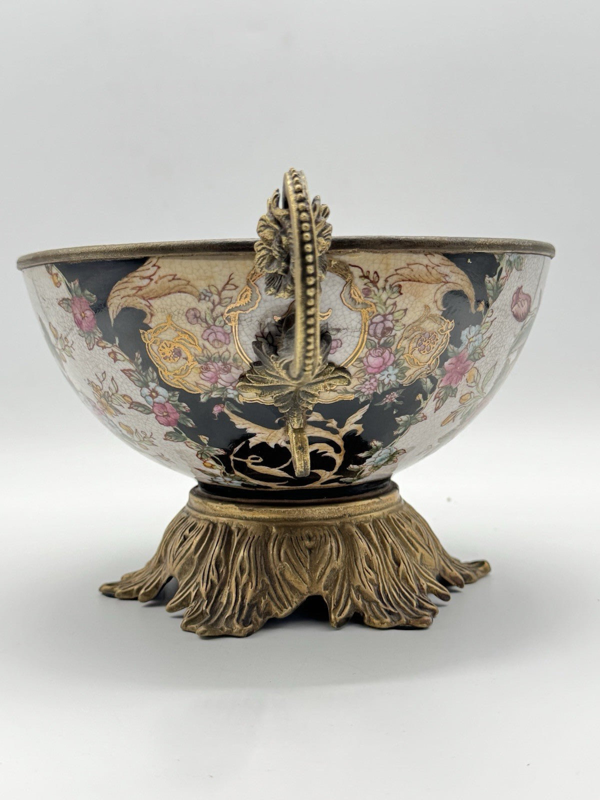 Chinese Export Crackle Glaze Center Piece Ormolu Style Handles ESTATE FIND