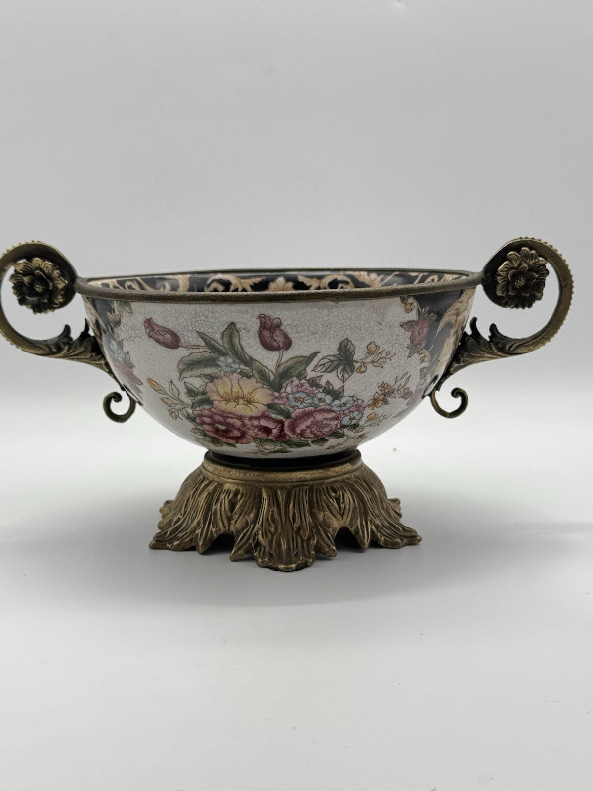 Chinese Export Crackle Glaze Center Piece Ormolu Style Handles ESTATE FIND