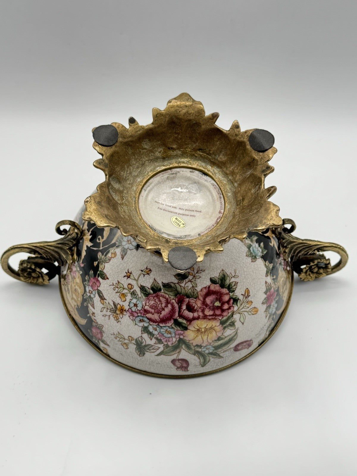 Chinese Export Crackle Glaze Center Piece Ormolu Style Handles ESTATE FIND