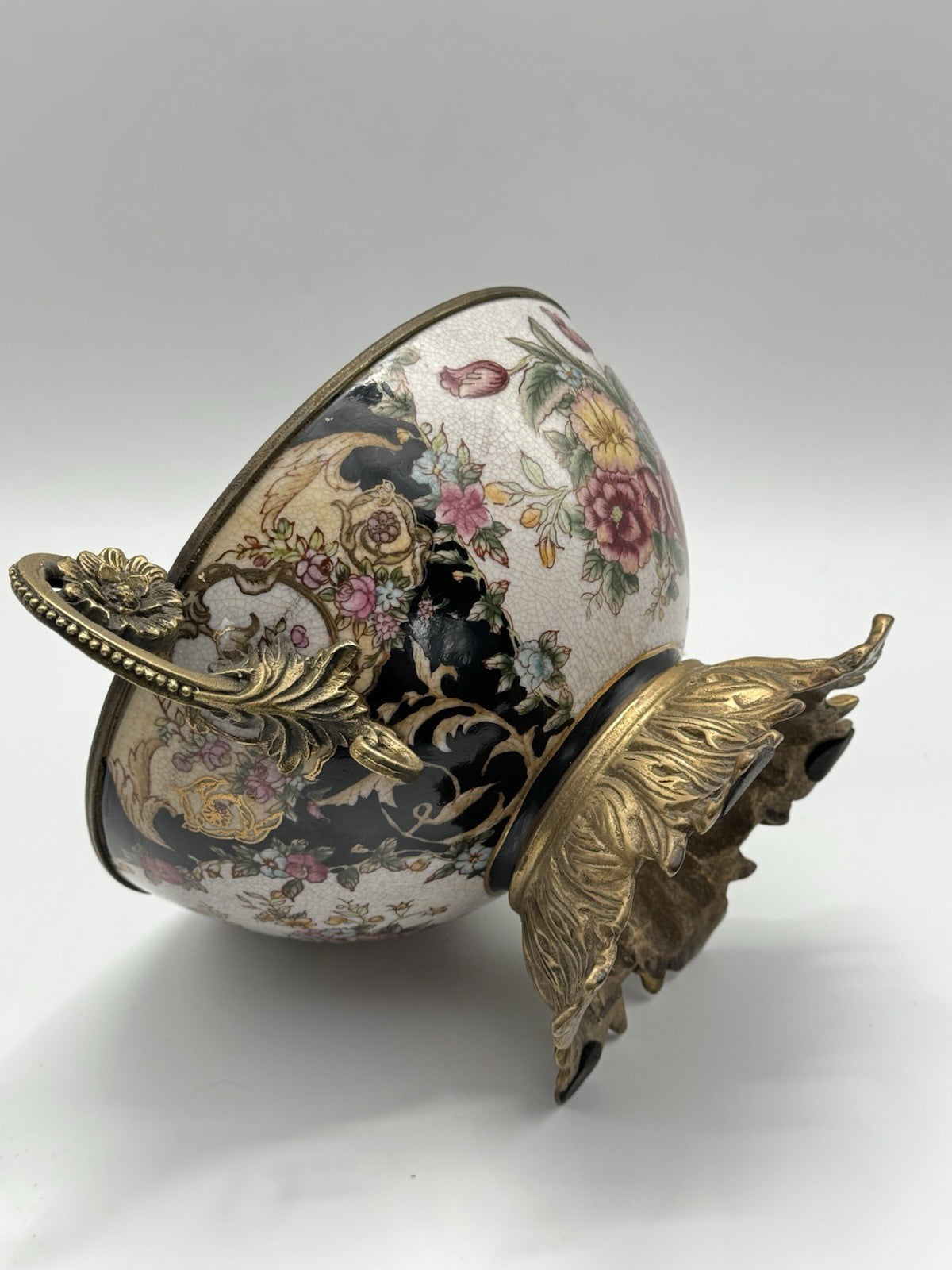 Chinese Export Crackle Glaze Center Piece Ormolu Style Handles ESTATE FIND