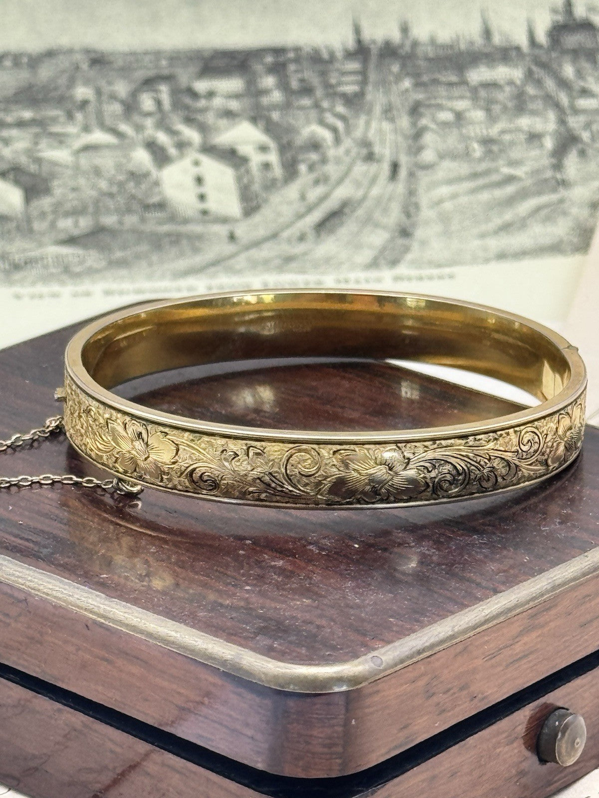 Vintage Gold-Filled Bangle Bracelet Floral Etched SIGNED - SIMMONS Betsy Ross