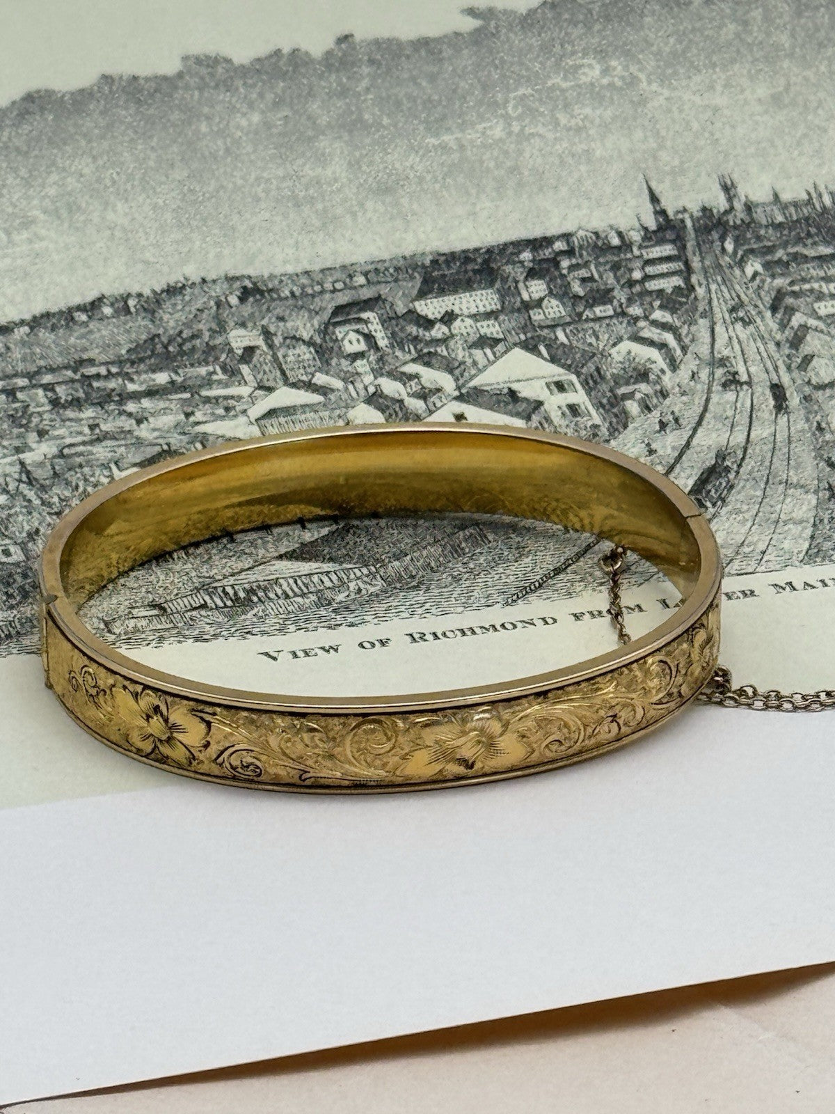Vintage Gold-Filled Bangle Bracelet Floral Etched SIGNED - SIMMONS Betsy Ross