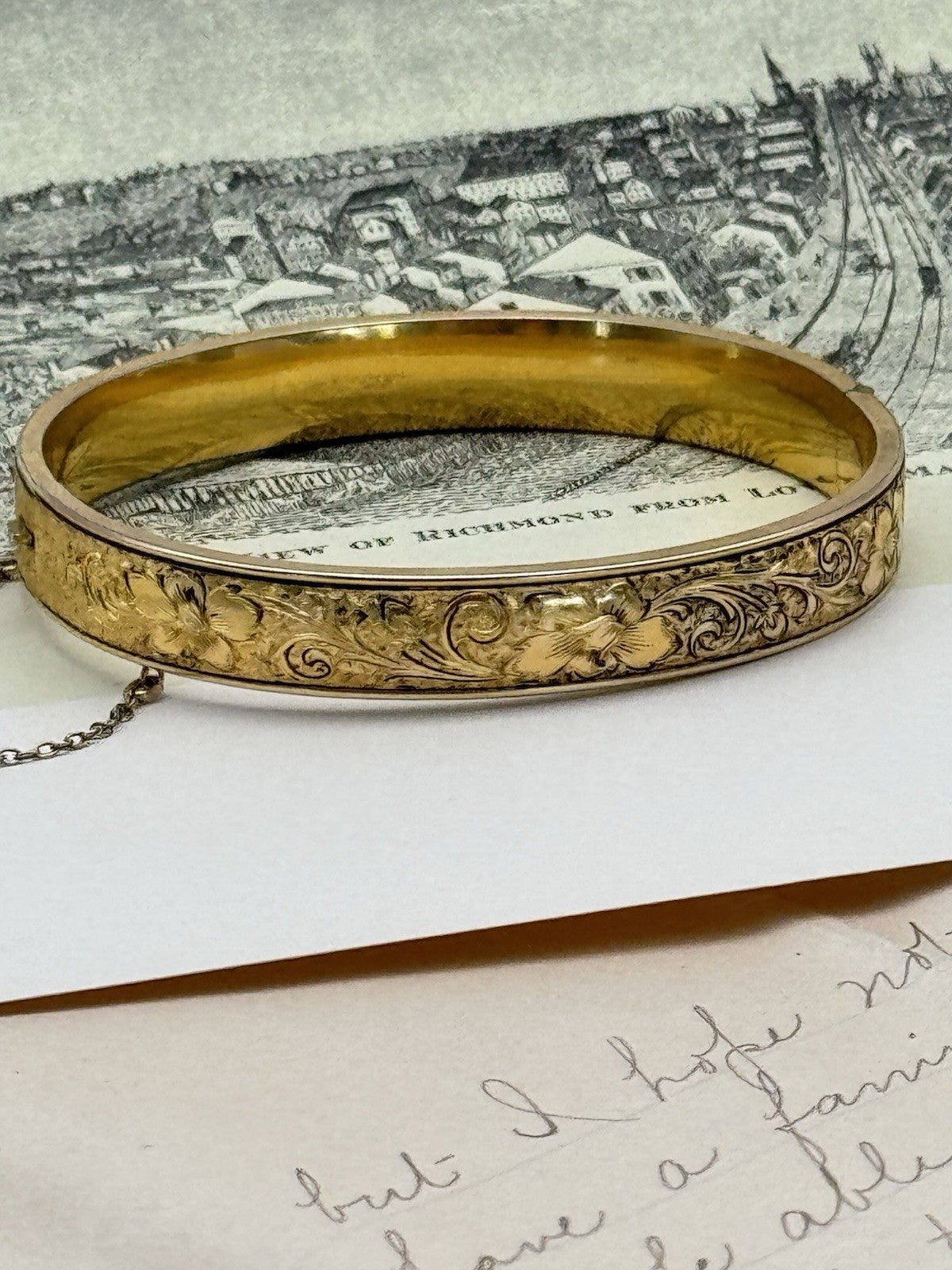 Vintage Gold-Filled Bangle Bracelet Floral Etched SIGNED - SIMMONS Betsy Ross