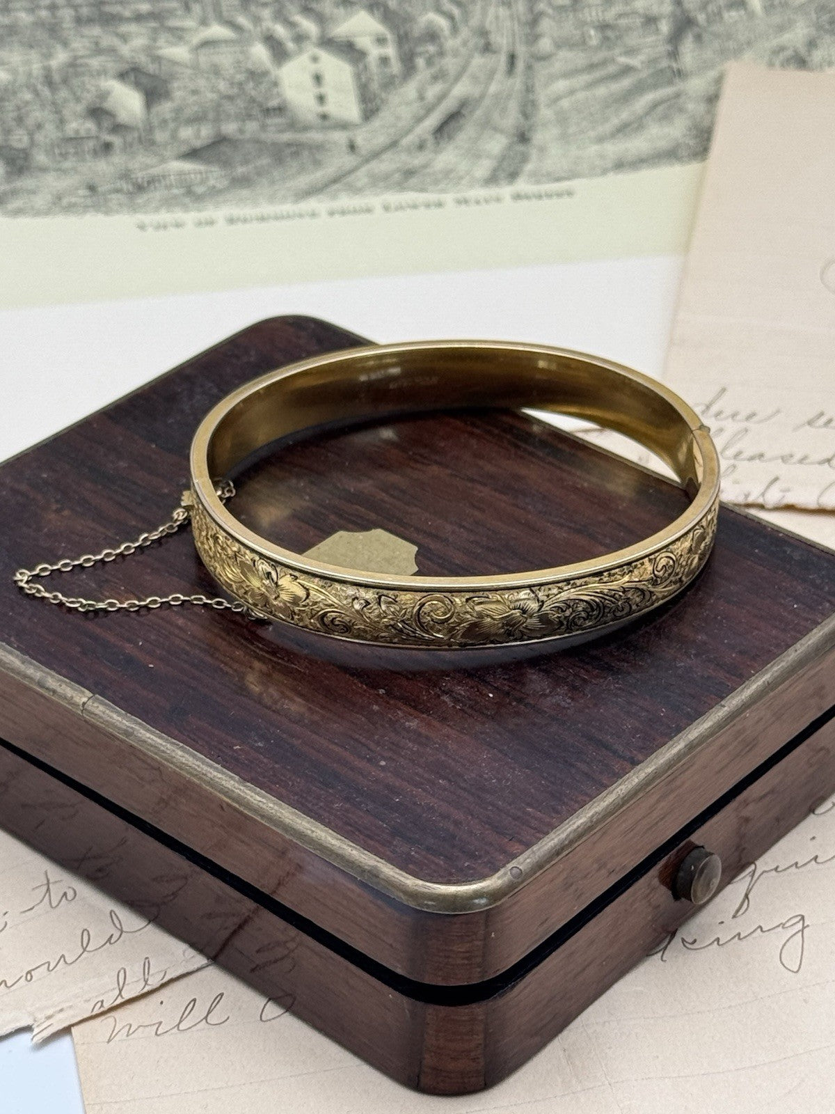 Vintage Gold-Filled Bangle Bracelet Floral Etched SIGNED - SIMMONS Betsy Ross