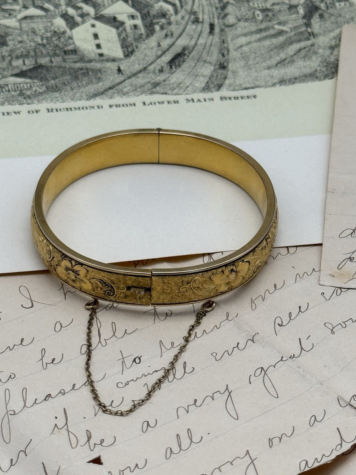 Vintage Gold-Filled Bangle Bracelet Floral Etched SIGNED - SIMMONS Betsy Ross