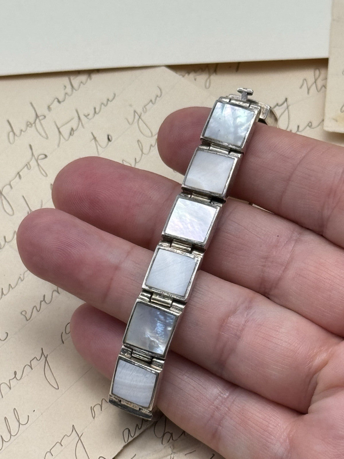 Vintage Signed FAS Mother Of Pearl Sterling Silver Panel Bracelet 6.5”