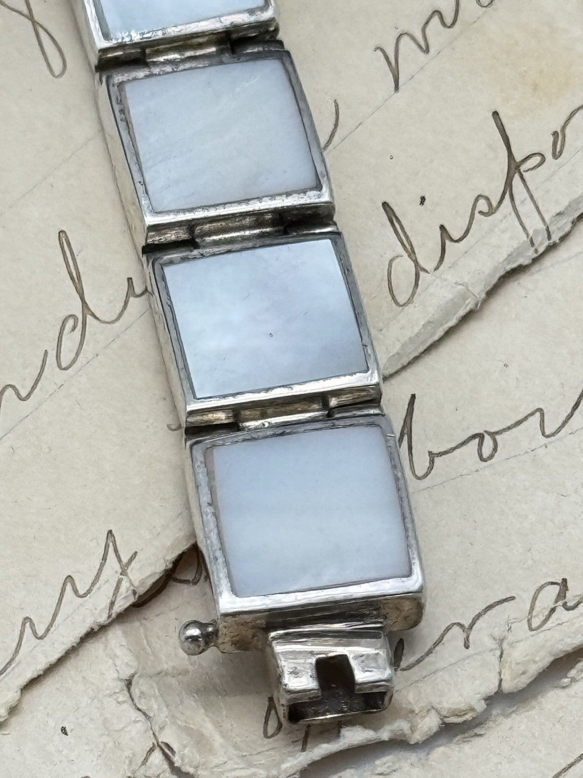 Vintage Signed FAS Mother Of Pearl Sterling Silver Panel Bracelet 6.5”