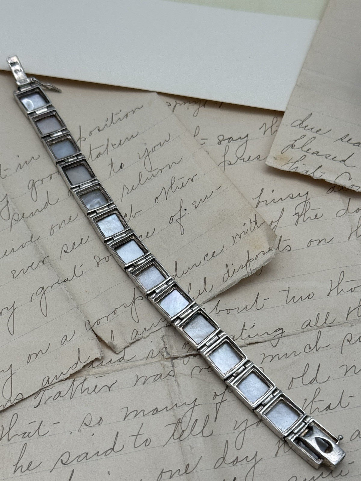 Vintage Signed FAS Mother Of Pearl Sterling Silver Panel Bracelet 6.5”