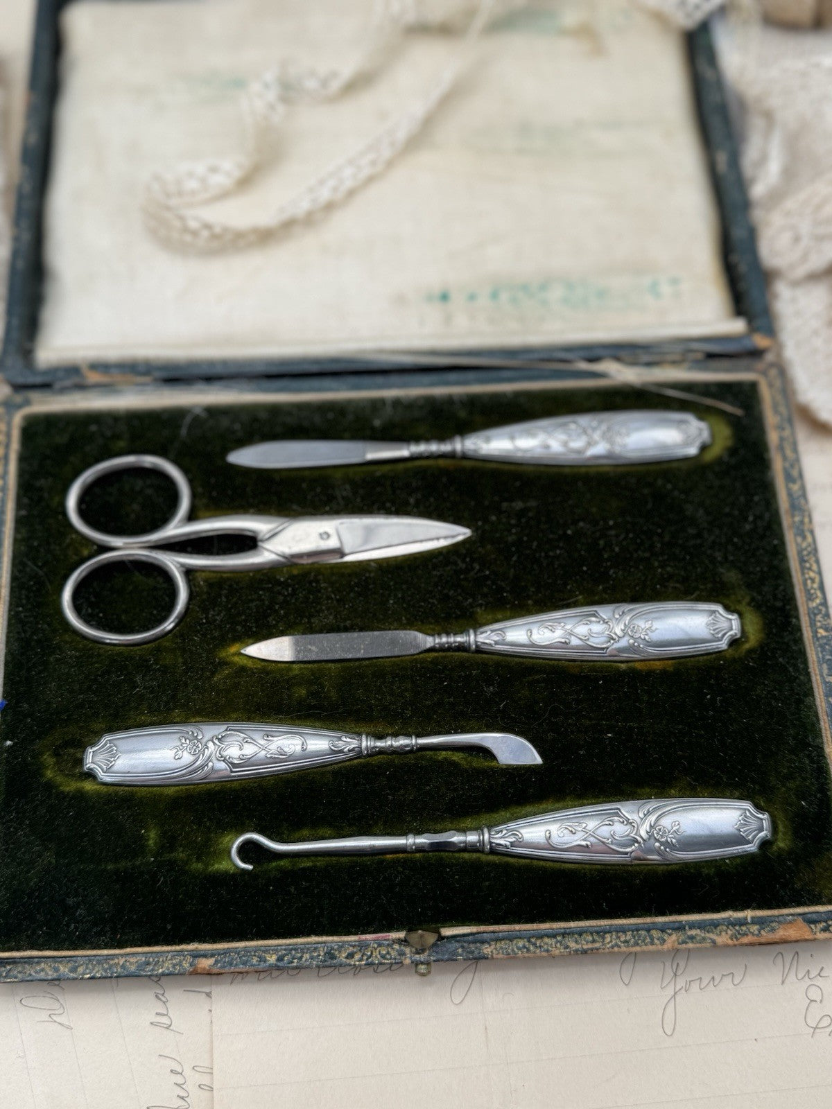 French Style ANTIQUE Necessaire Art Nouveau Travel Manicure Set Silverplate
