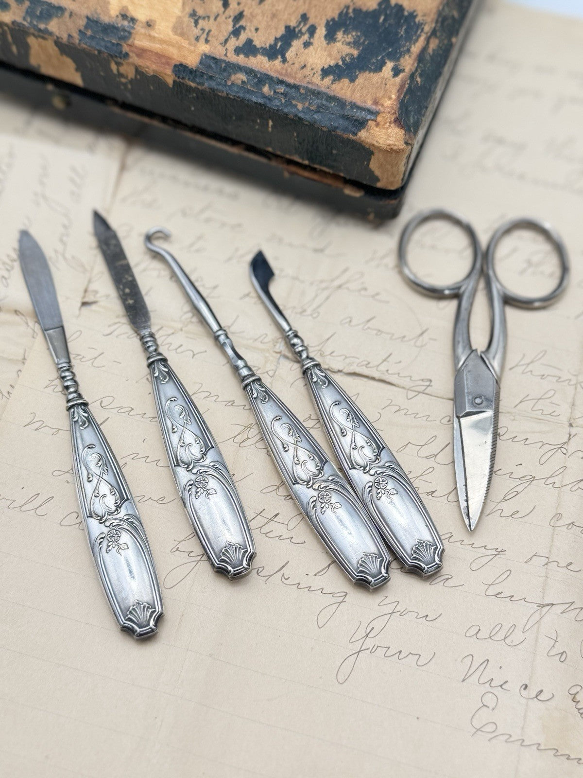 French Style ANTIQUE Necessaire Art Nouveau Travel Manicure Set Silverplate