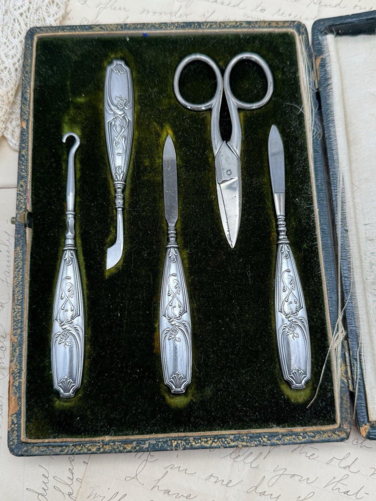 French Style ANTIQUE Necessaire Art Nouveau Travel Manicure Set Silverplate