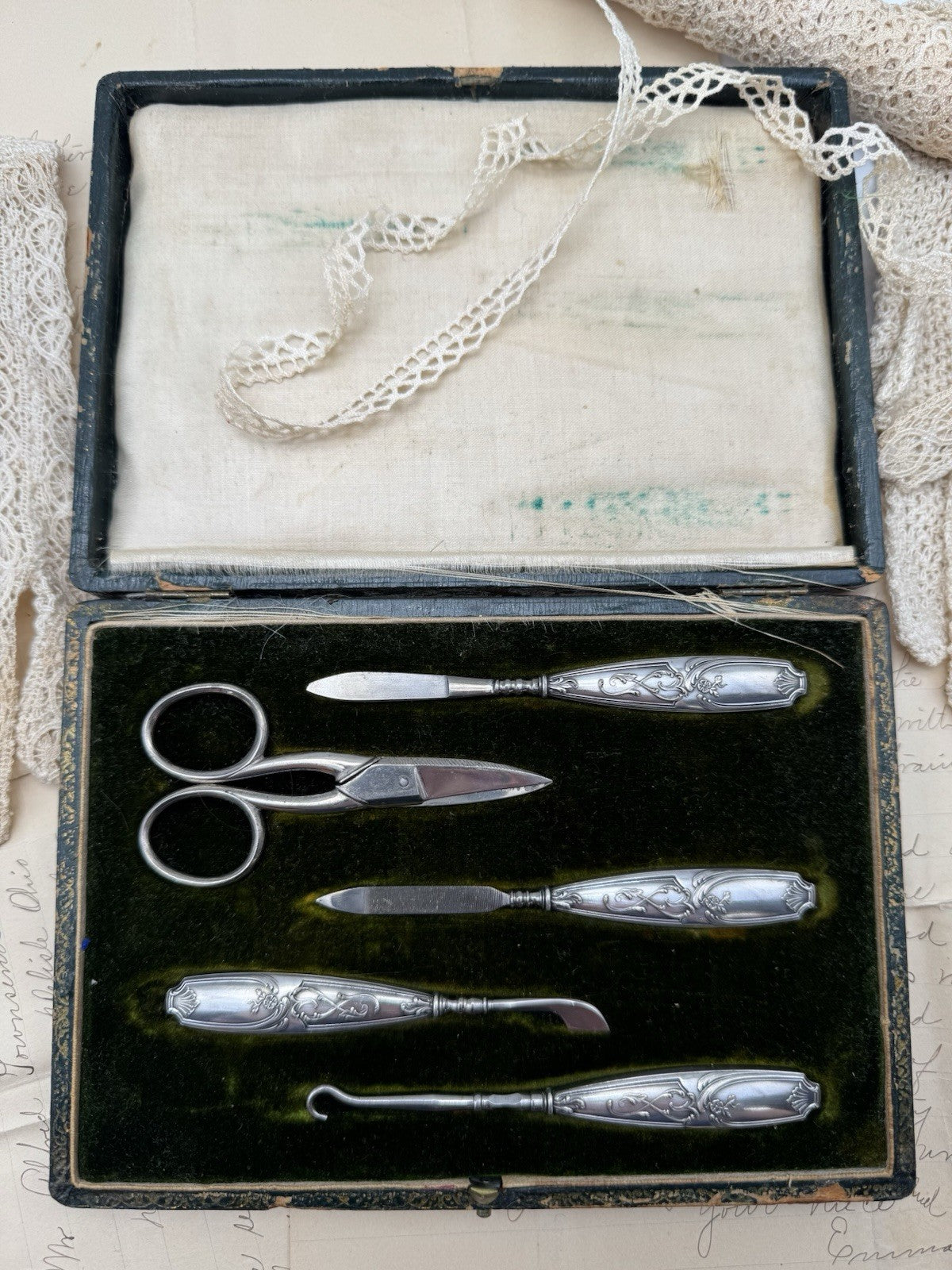 French Style ANTIQUE Necessaire Art Nouveau Travel Manicure Set Silverplate