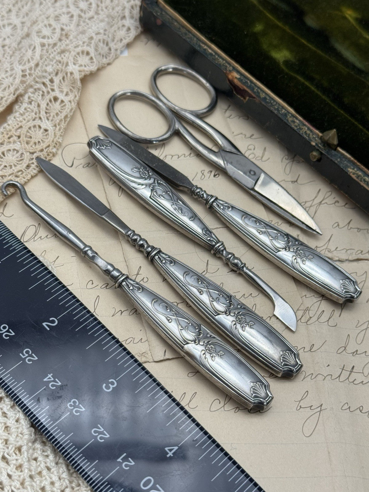 French Style ANTIQUE Necessaire Art Nouveau Travel Manicure Set Silverplate
