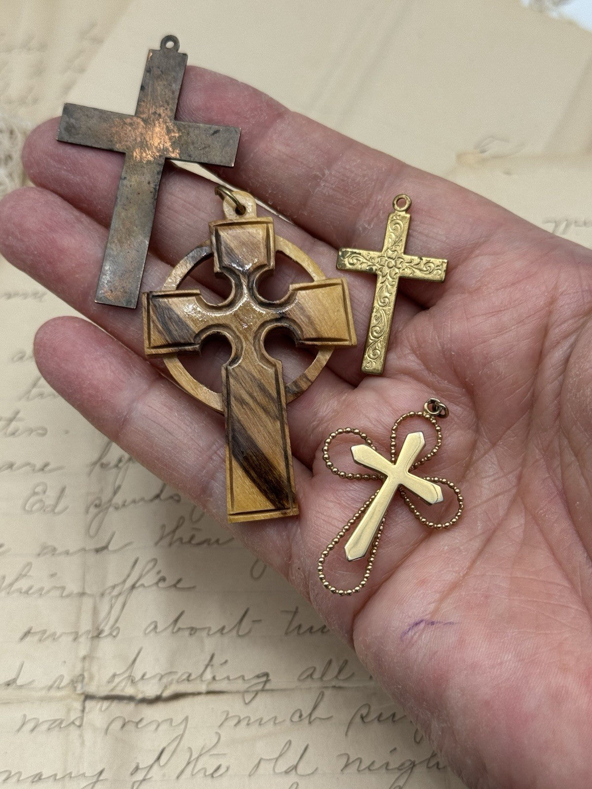 4 Vintage Cross Pendants LOT Wood Copper & Other