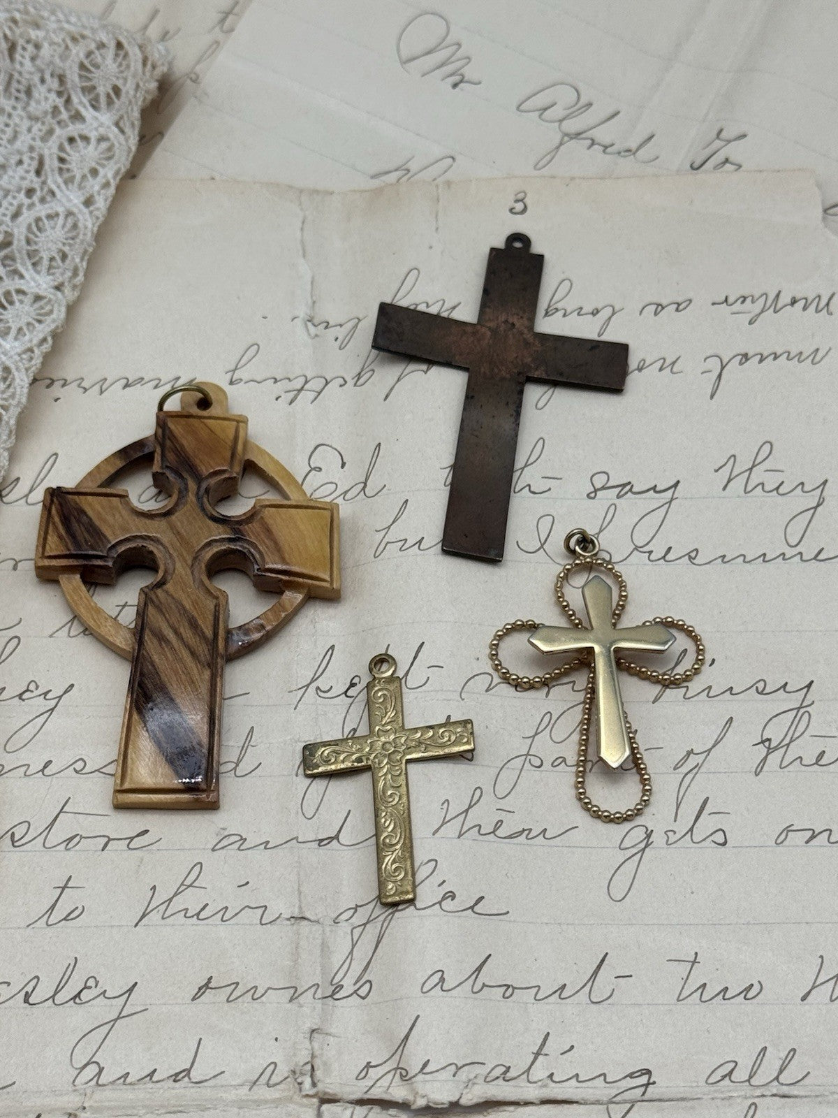 4 Vintage Cross Pendants LOT Wood Copper & Other