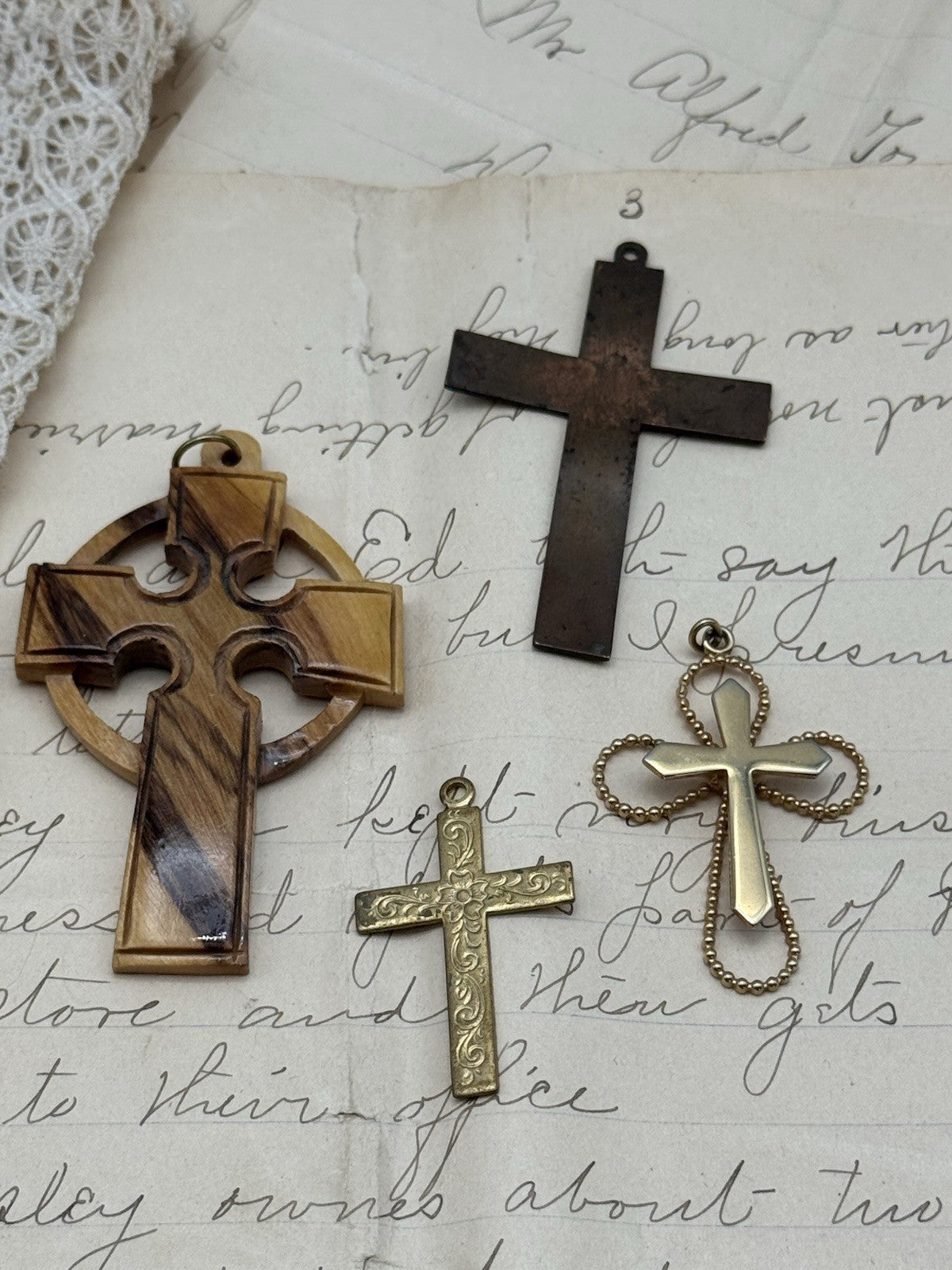 4 Vintage Cross Pendants LOT Wood Copper & Other