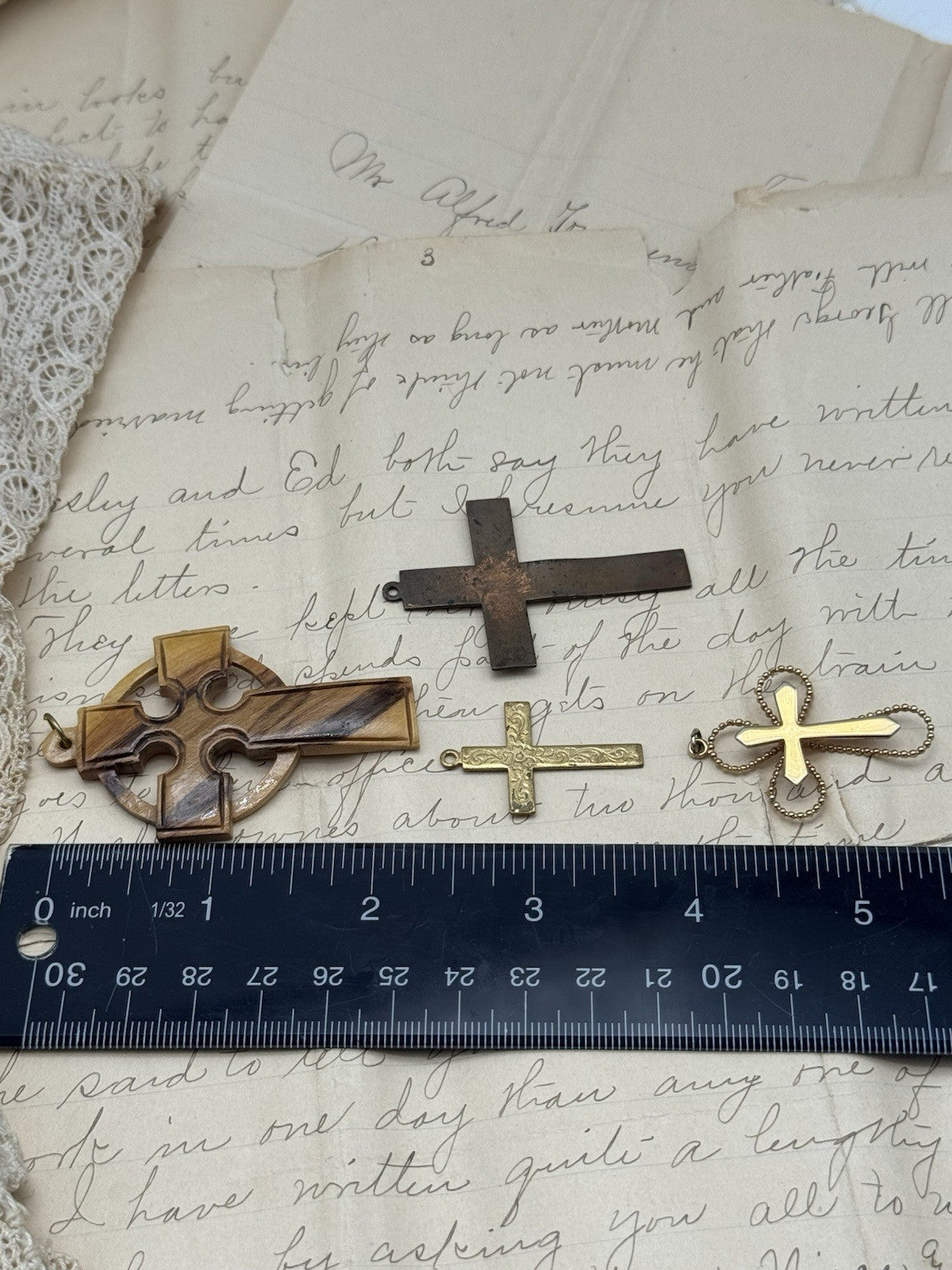 4 Vintage Cross Pendants LOT Wood Copper & Other