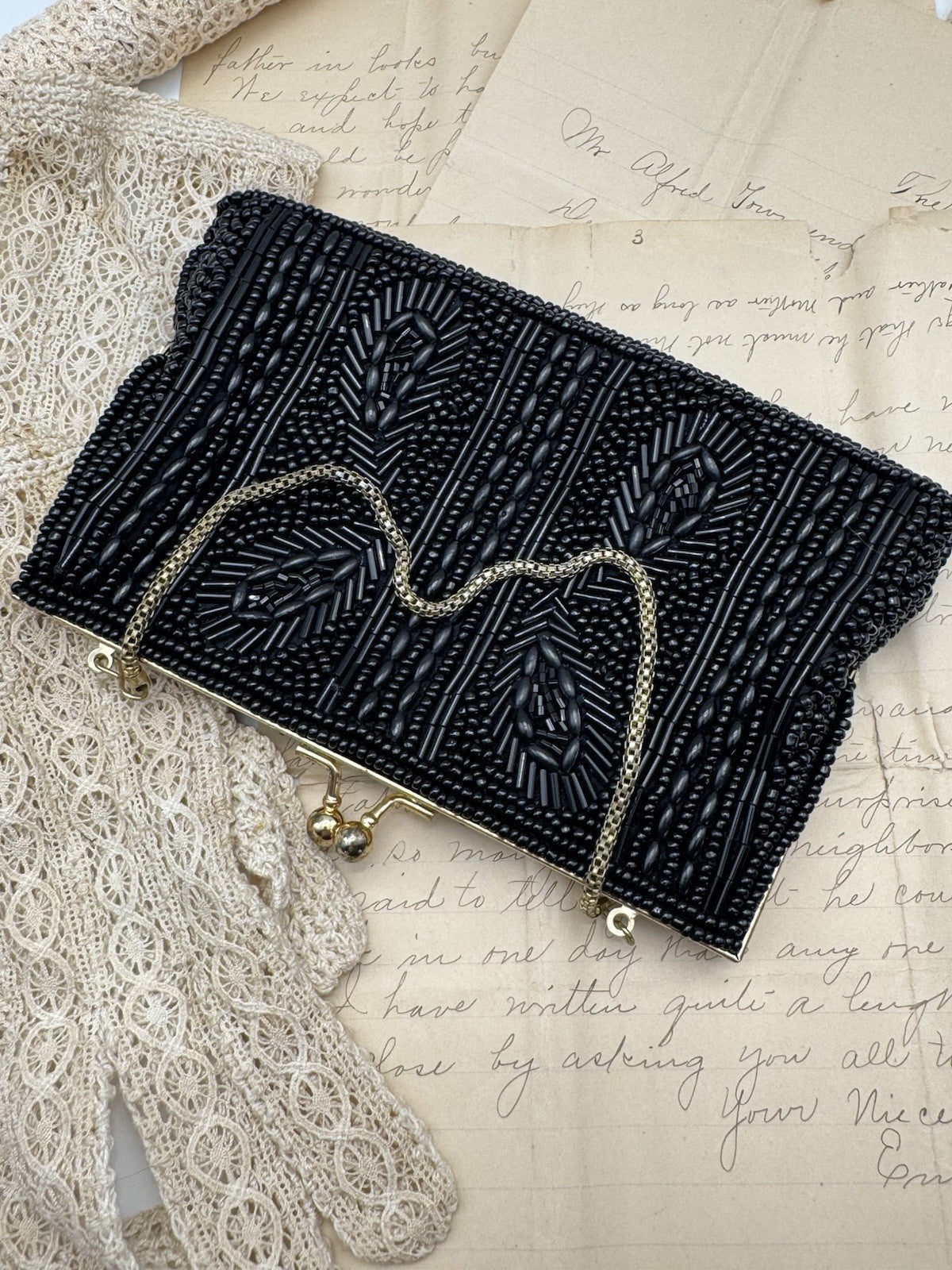 Vintage Black Beaded Evening Purse w/ chain