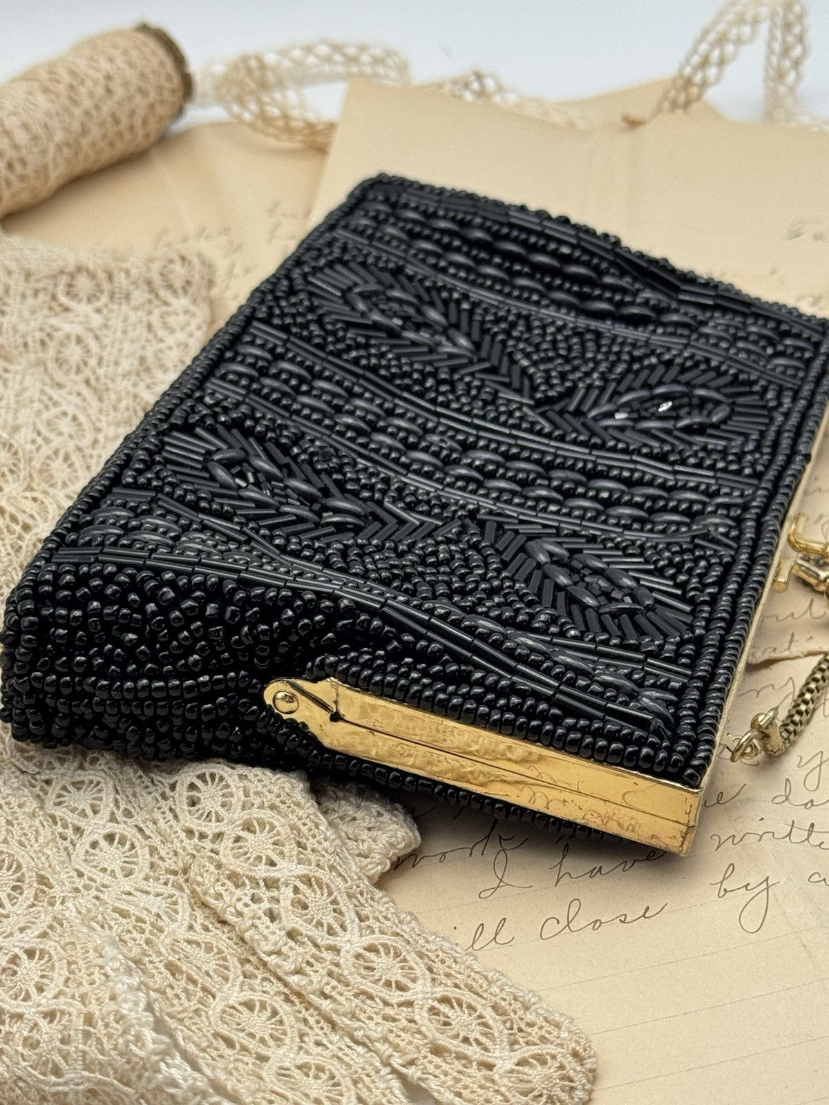 Vintage Black Beaded Evening Purse w/ chain