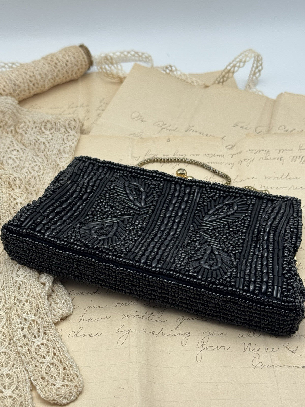 Vintage Black Beaded Evening Purse w/ chain