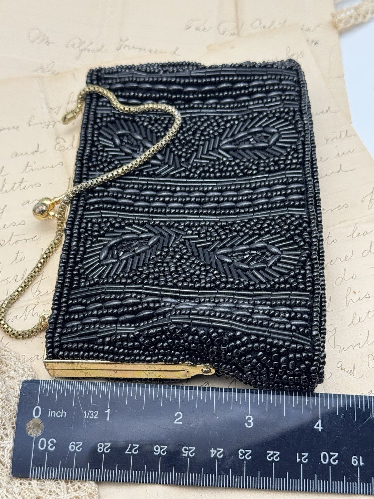 Vintage Black Beaded Evening Purse w/ chain