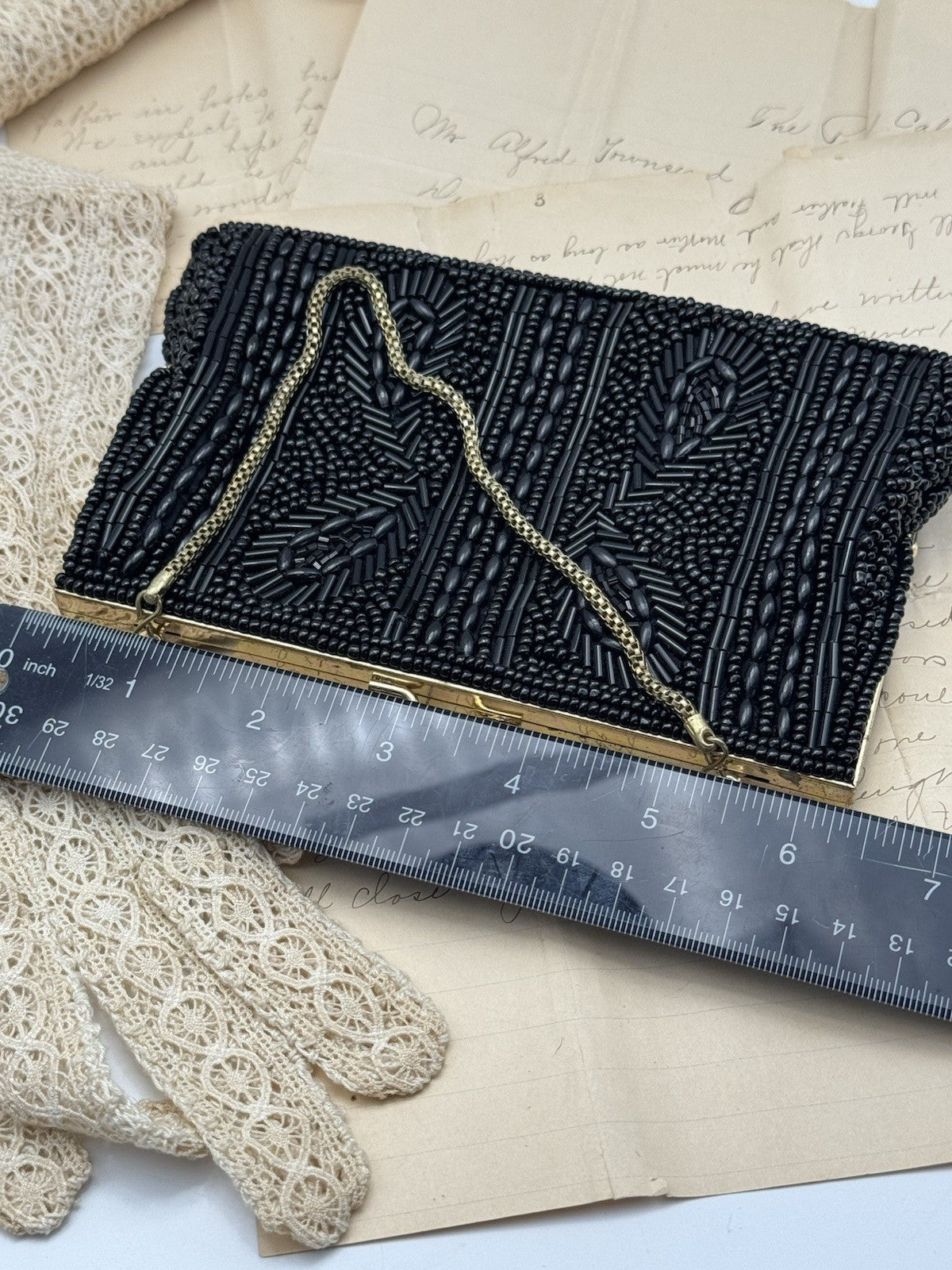 Vintage Black Beaded Evening Purse w/ chain