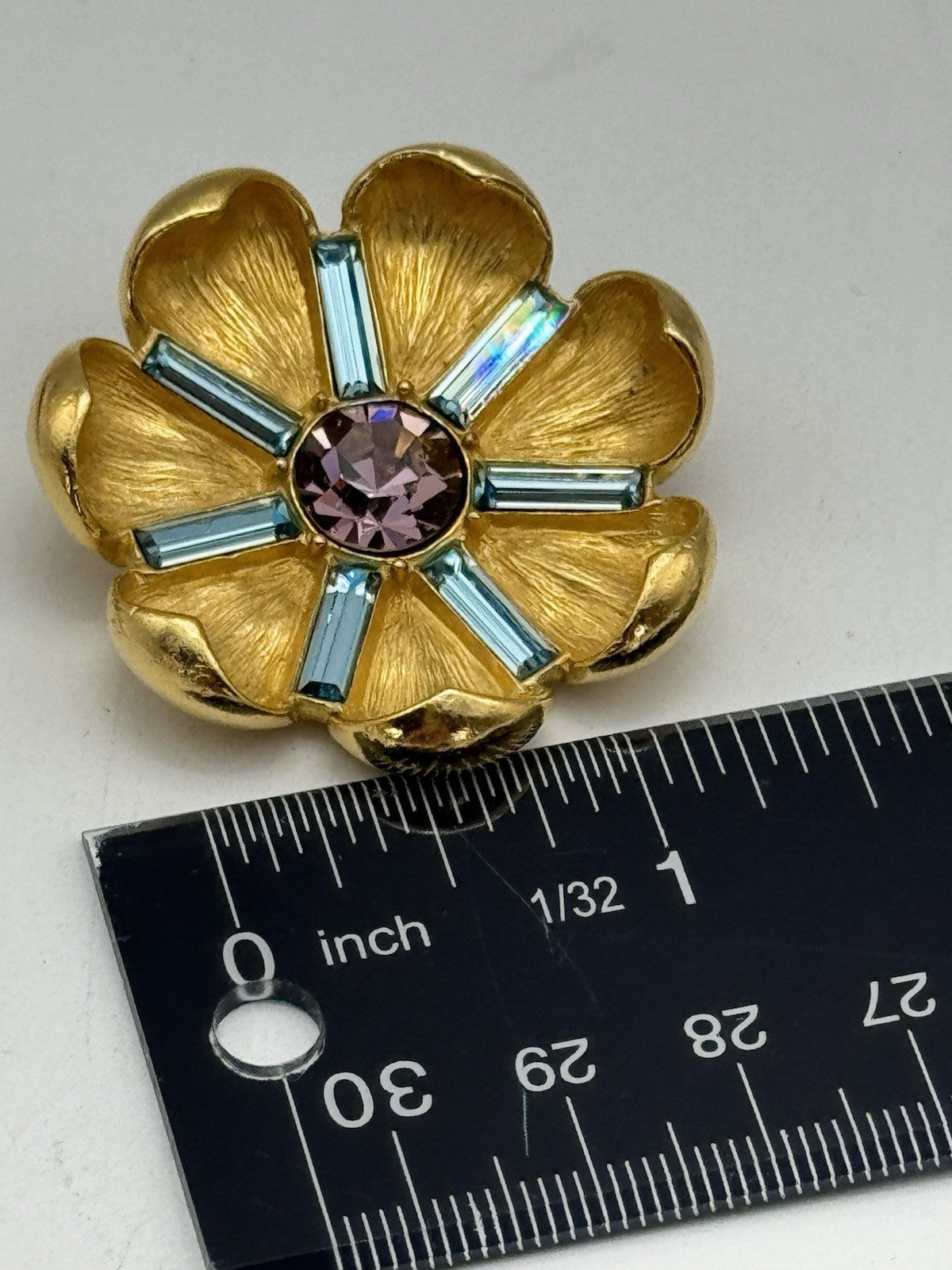 Vintage SIGNED TRIFARI TM Demi Parure Crystal Blue Purple Pink Brooch Bracelet 6.25”-6.5”