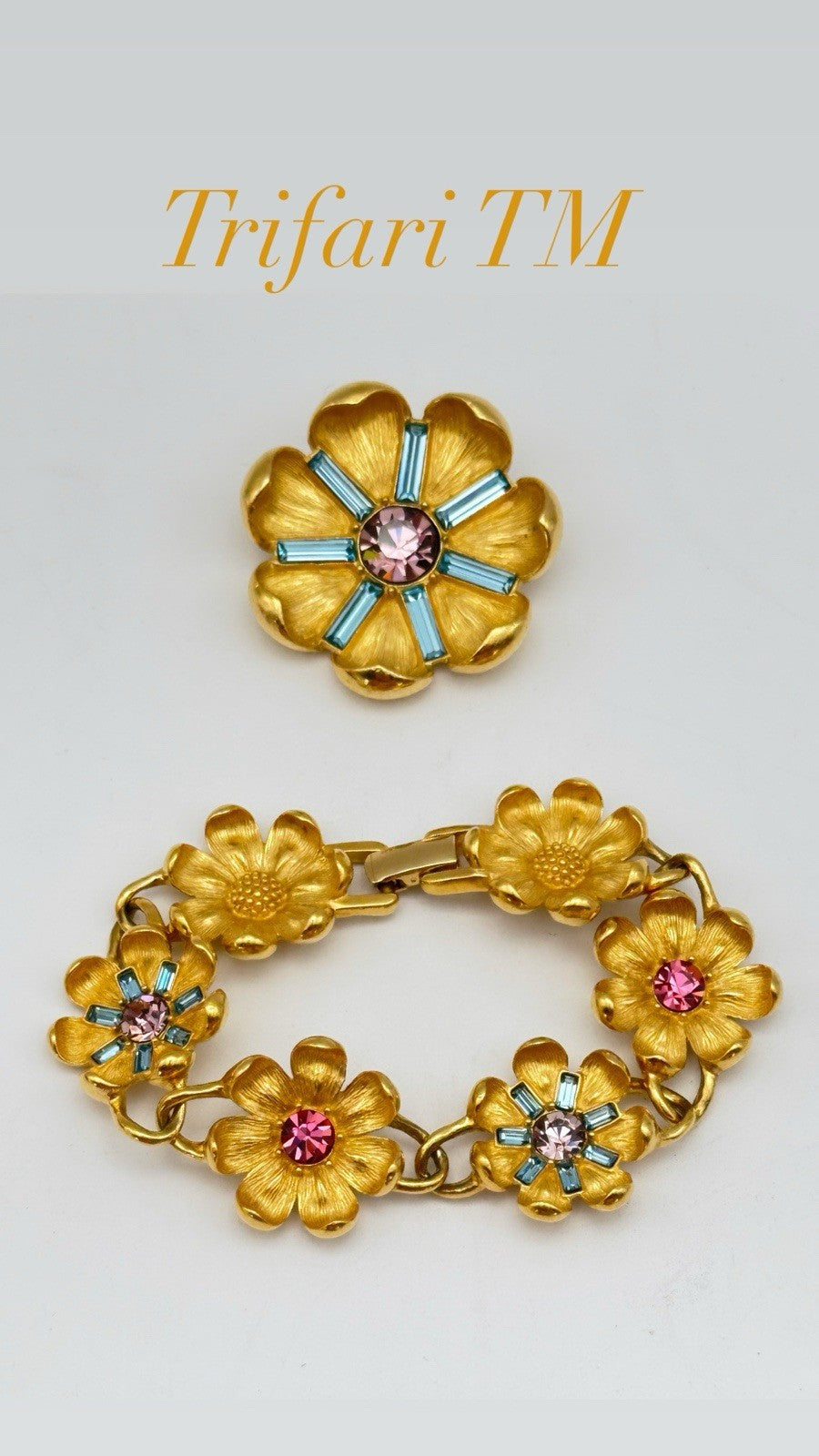 Vintage SIGNED TRIFARI TM Demi Parure Crystal Blue Purple Pink Brooch Bracelet 6.25”-6.5”