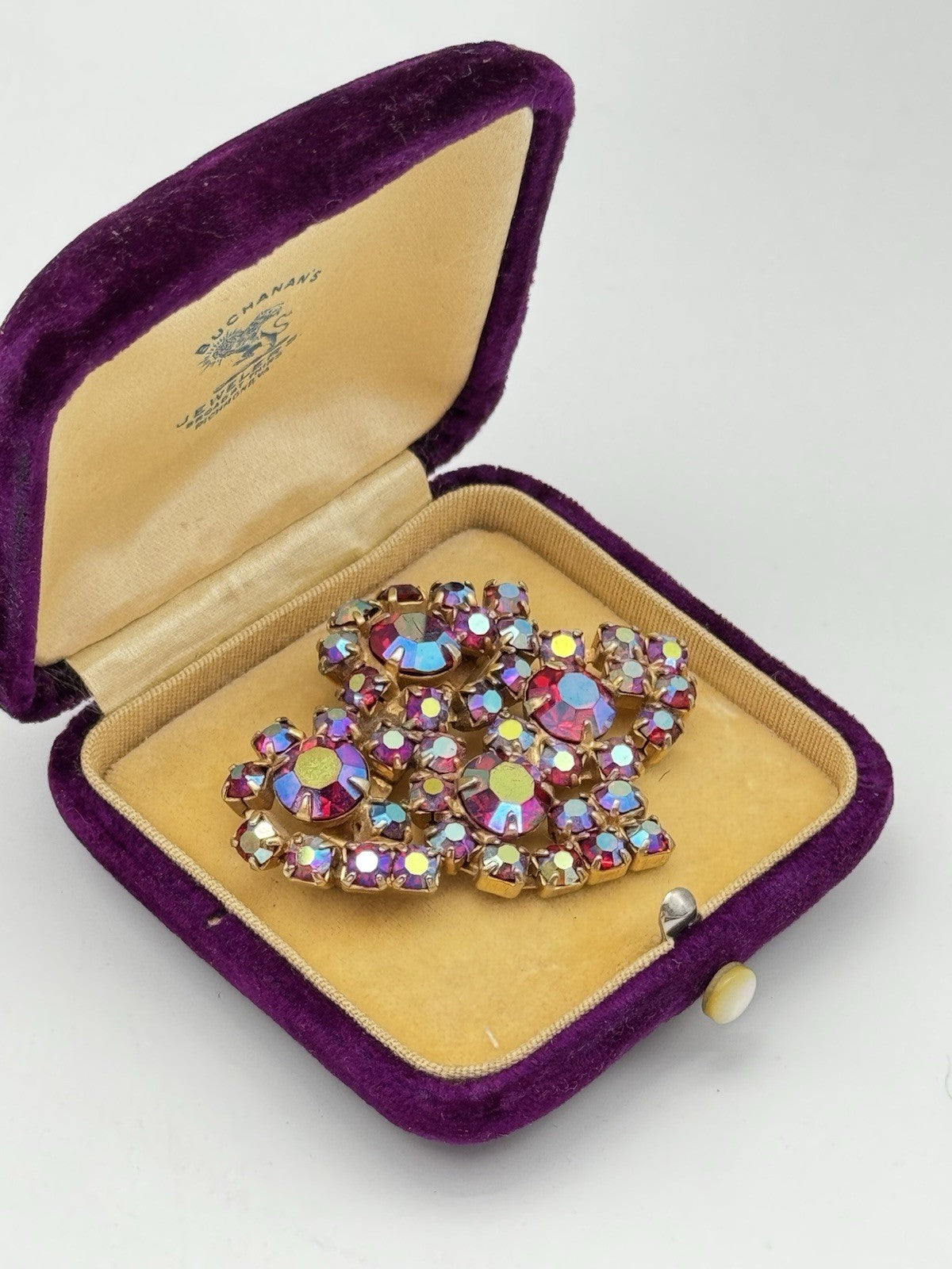 Vintage Brooch Red & Goldtone Rhinestone AB ESTATE FIND