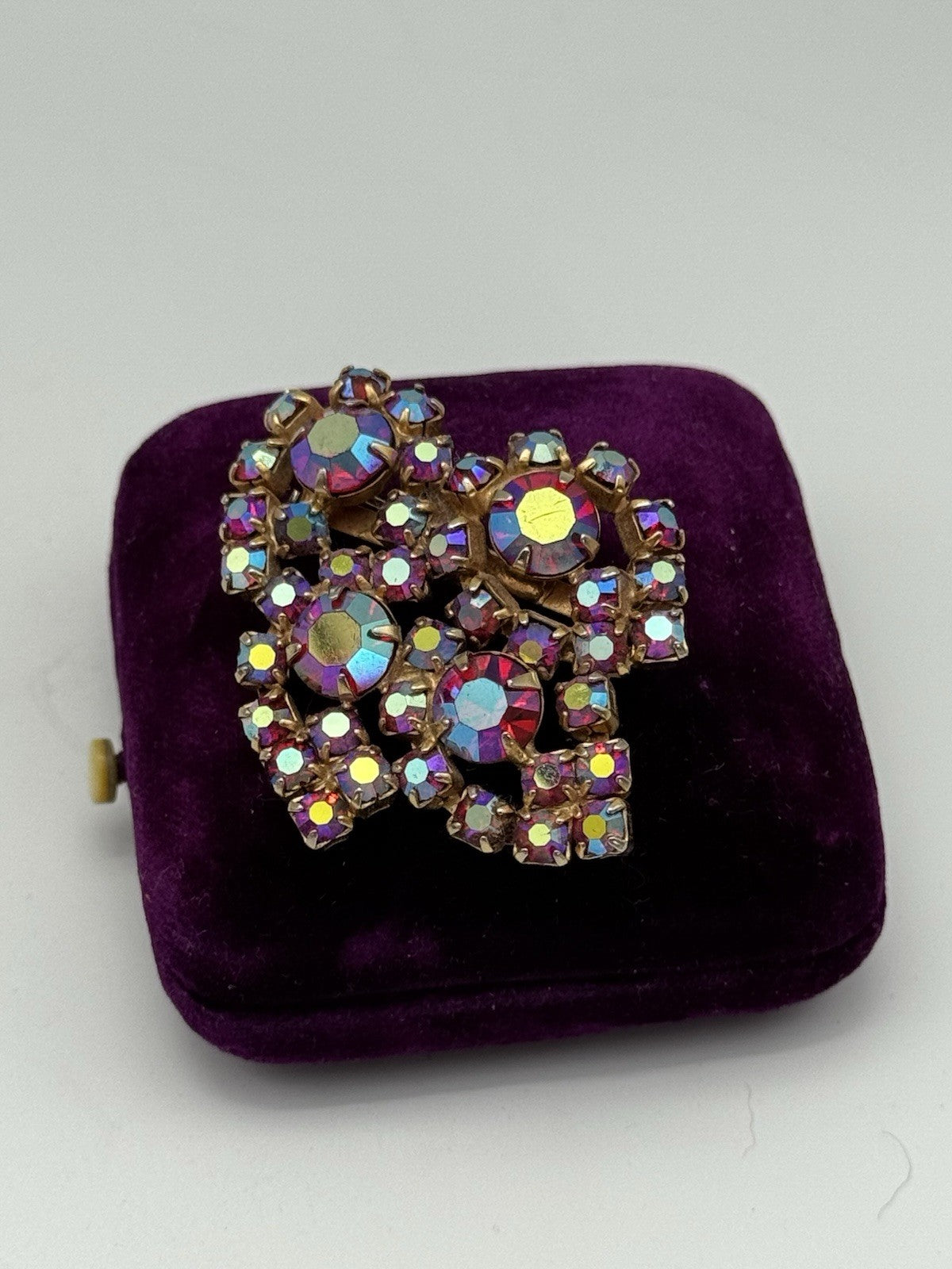 Vintage Brooch Red & Goldtone Rhinestone AB ESTATE FIND