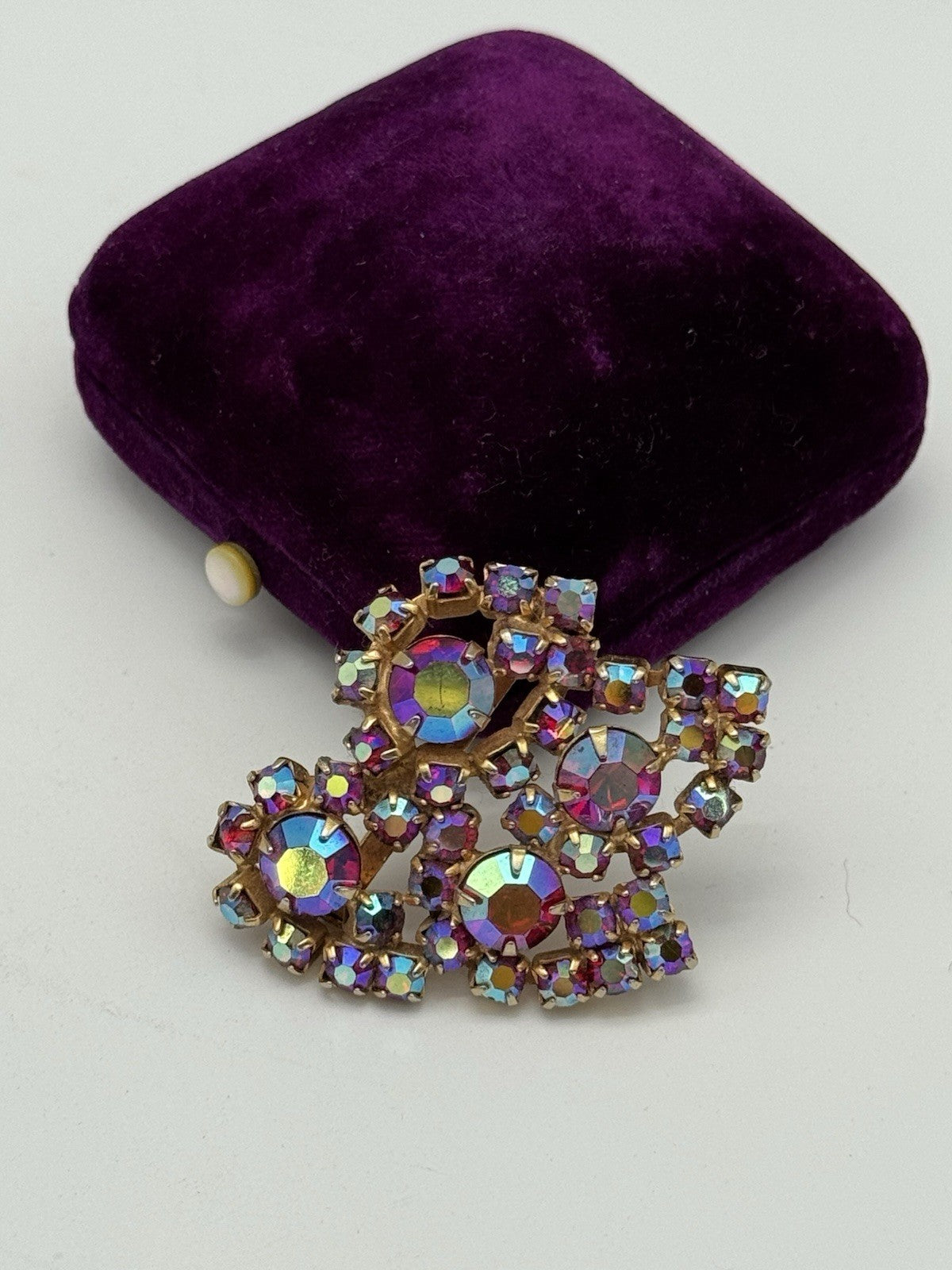 Vintage Brooch Red & Goldtone Rhinestone AB ESTATE FIND