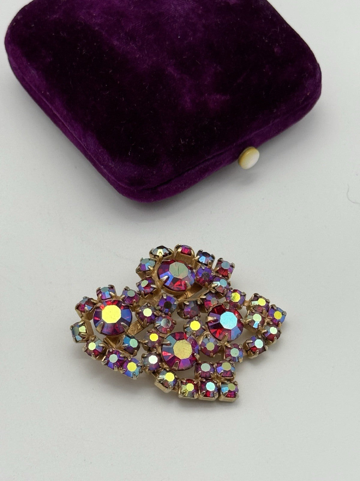 Vintage Brooch Red & Goldtone Rhinestone AB ESTATE FIND