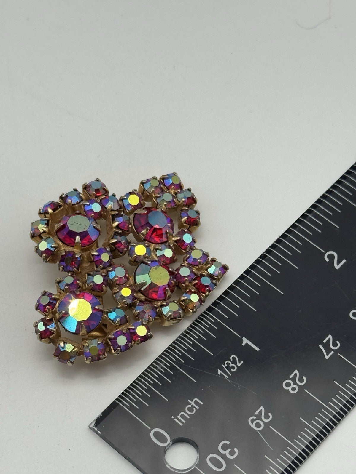 Vintage Brooch Red & Goldtone Rhinestone AB ESTATE FIND