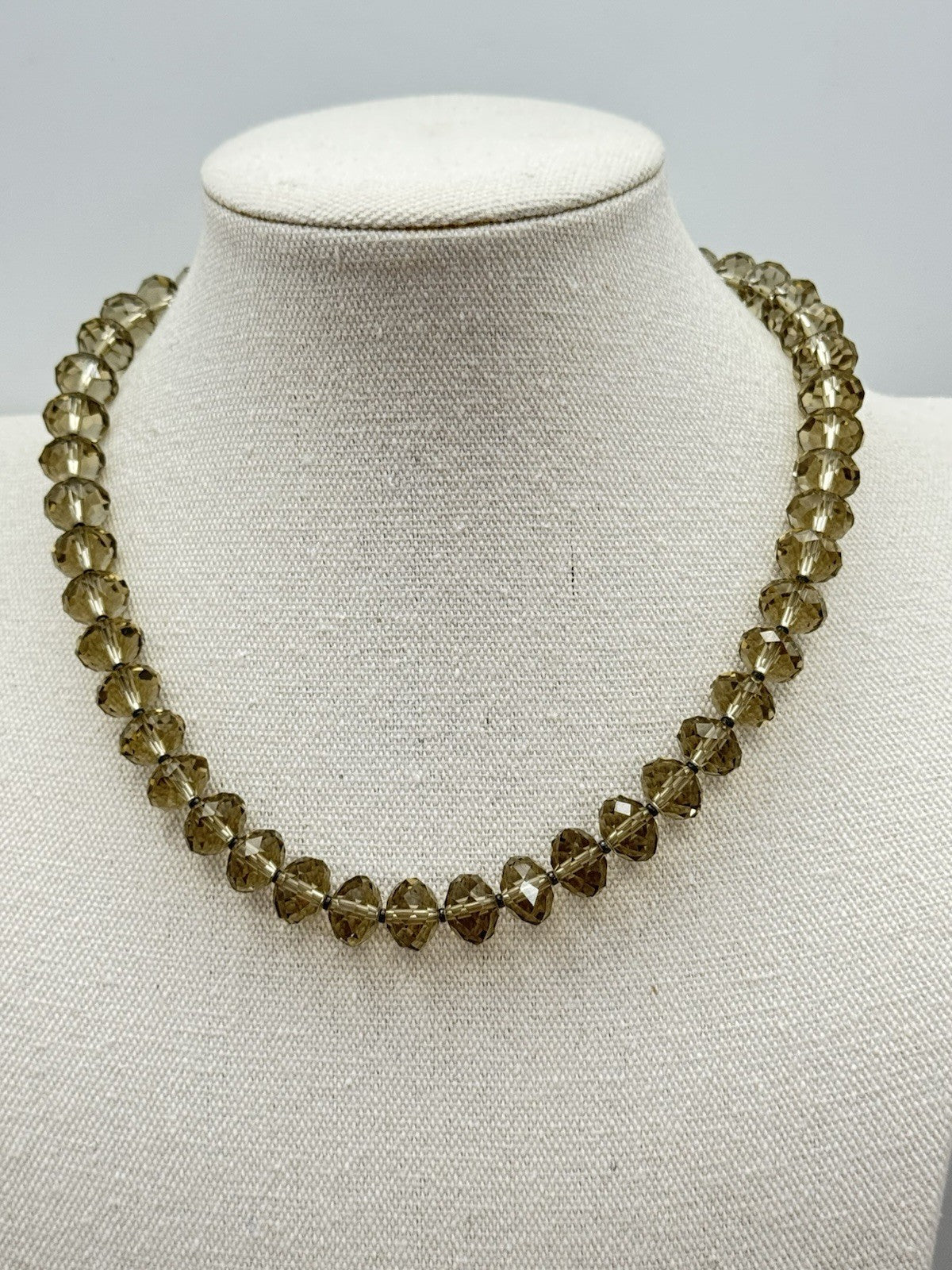 Grey/Green Glass Faceted Bead Necklace Sterling Clasp Circa 17”l