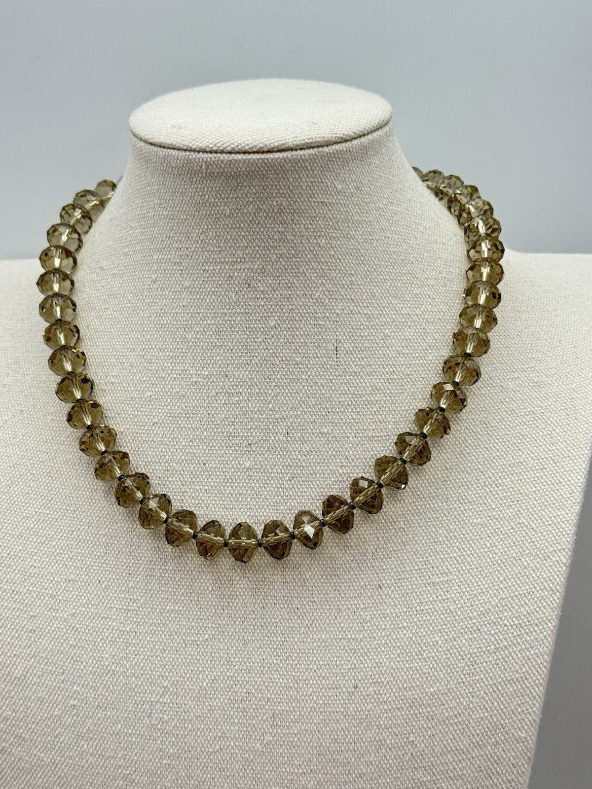 Grey/Green Glass Faceted Bead Necklace Sterling Clasp Circa 17”l