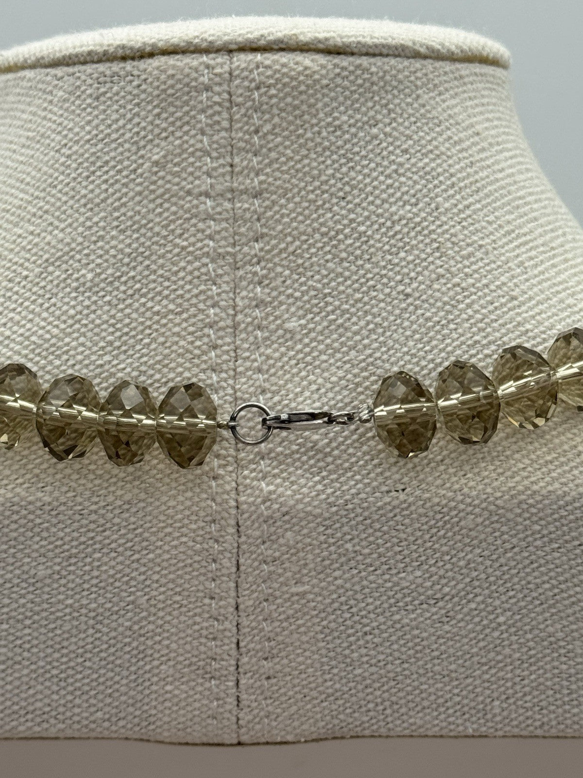 Faceted Bead Necklace Grey/Green Glass Sterling Clasp Circa 17”l