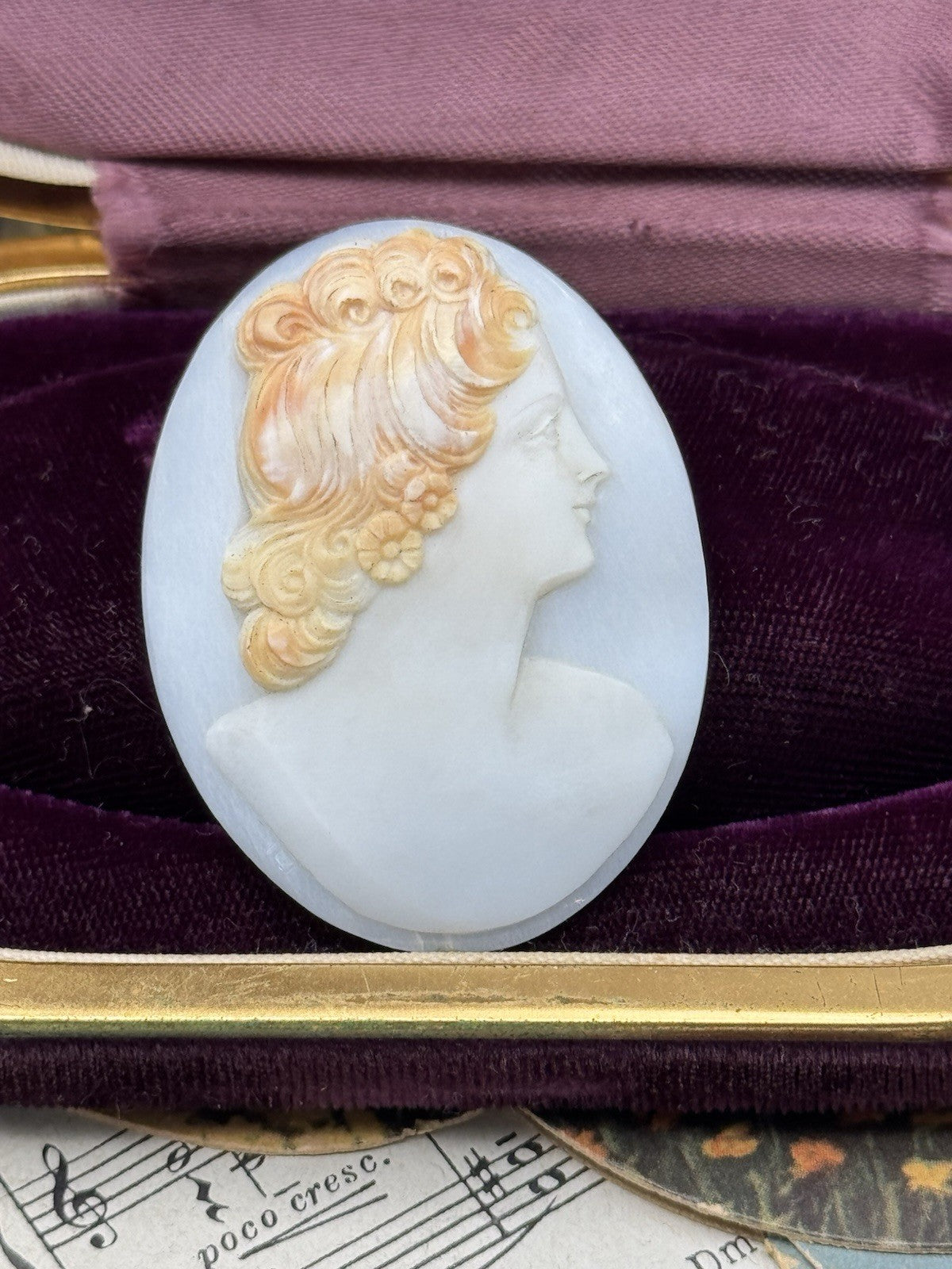 Unmounted Antique Cameo Right Facing Two Tone Hand Carved Circa 2”