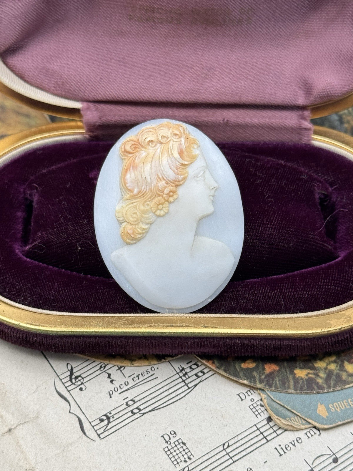 Unmounted Antique Cameo Right Facing Two Tone Hand Carved Circa 2”