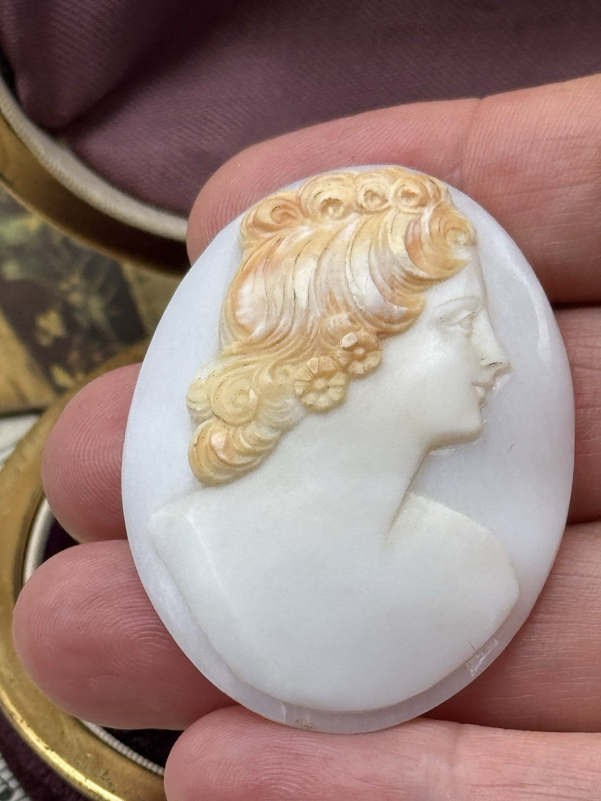Unmounted Antique Cameo Right Facing Two Tone Hand Carved Circa 2”