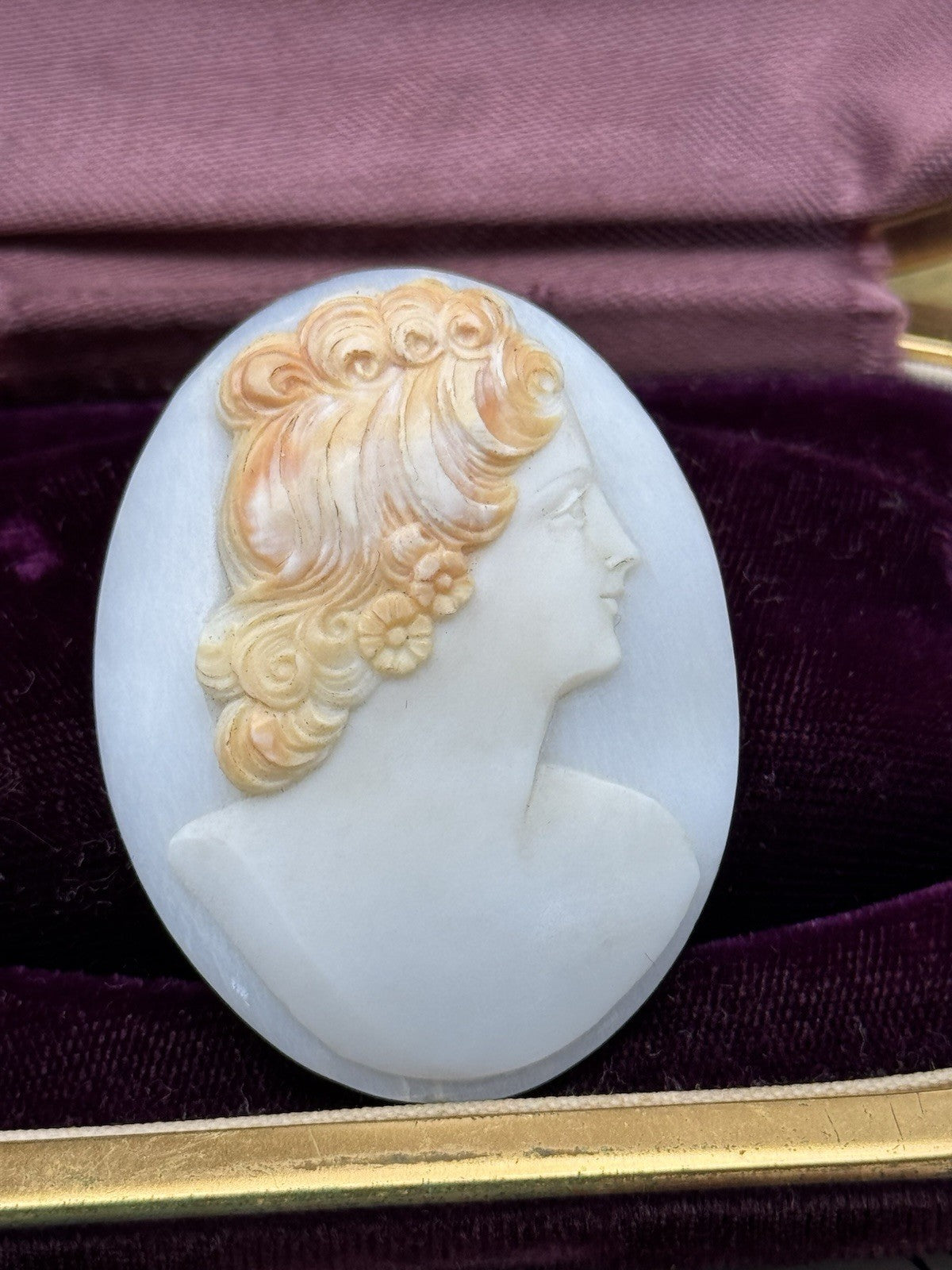 Unmounted Antique Cameo Right Facing Two Tone Hand Carved Circa 2”