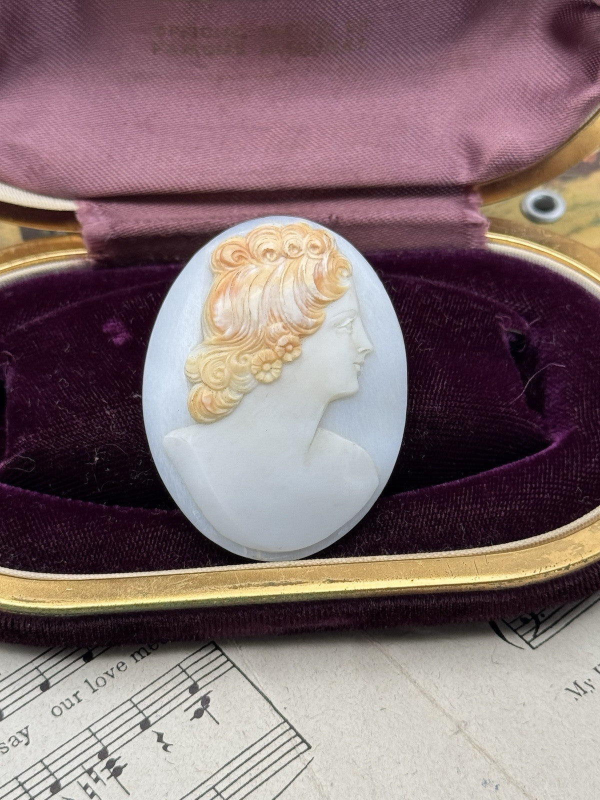 Unmounted Antique Cameo Right Facing Two Tone Hand Carved Circa 2”