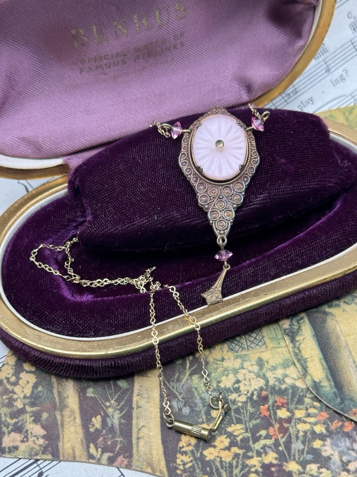 Vintage Pink Camphor Glass Pendant Necklace 20” Copper Goldtone