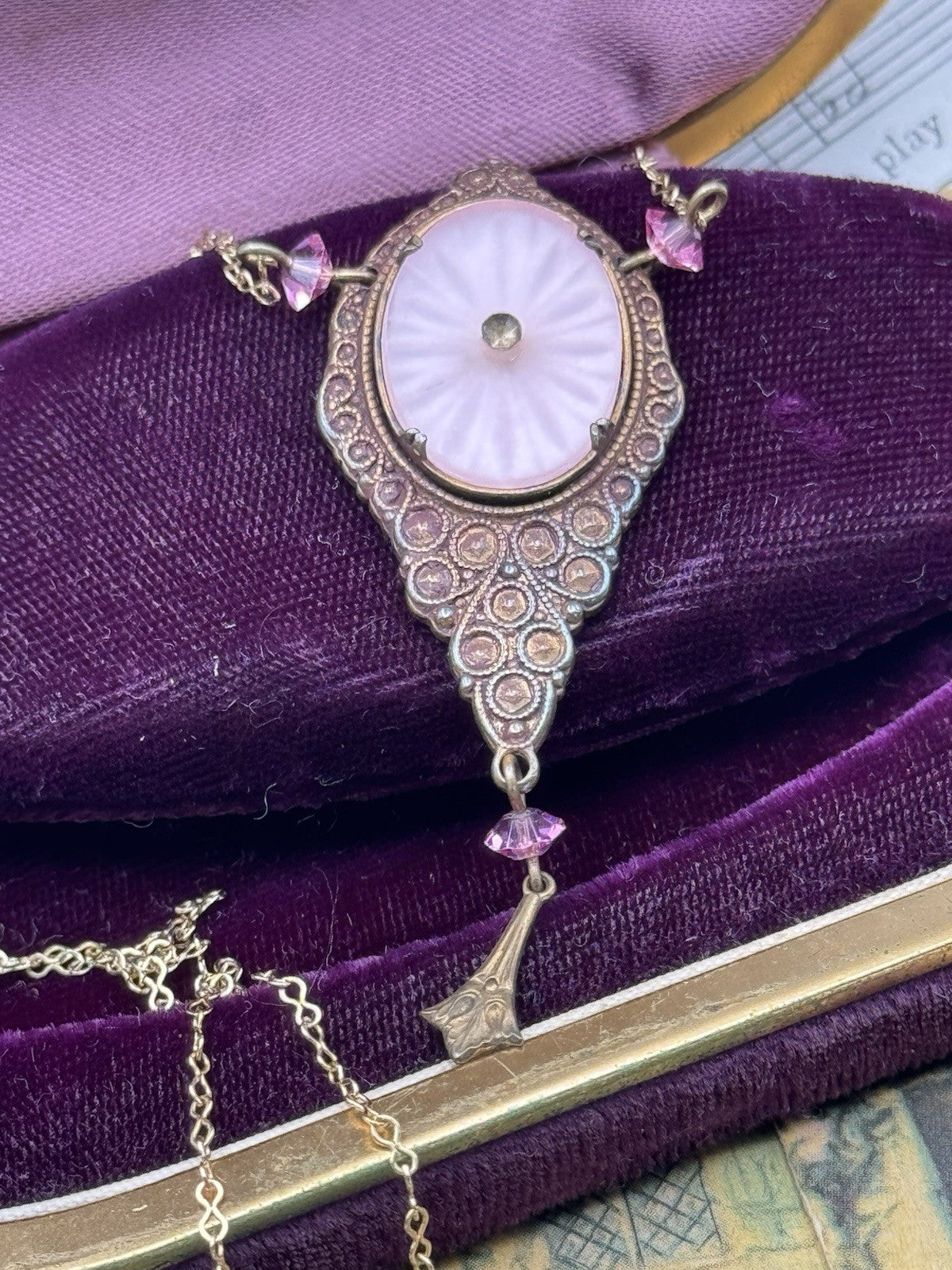 Vintage Pink Camphor Glass Pendant Necklace 20” Copper Goldtone