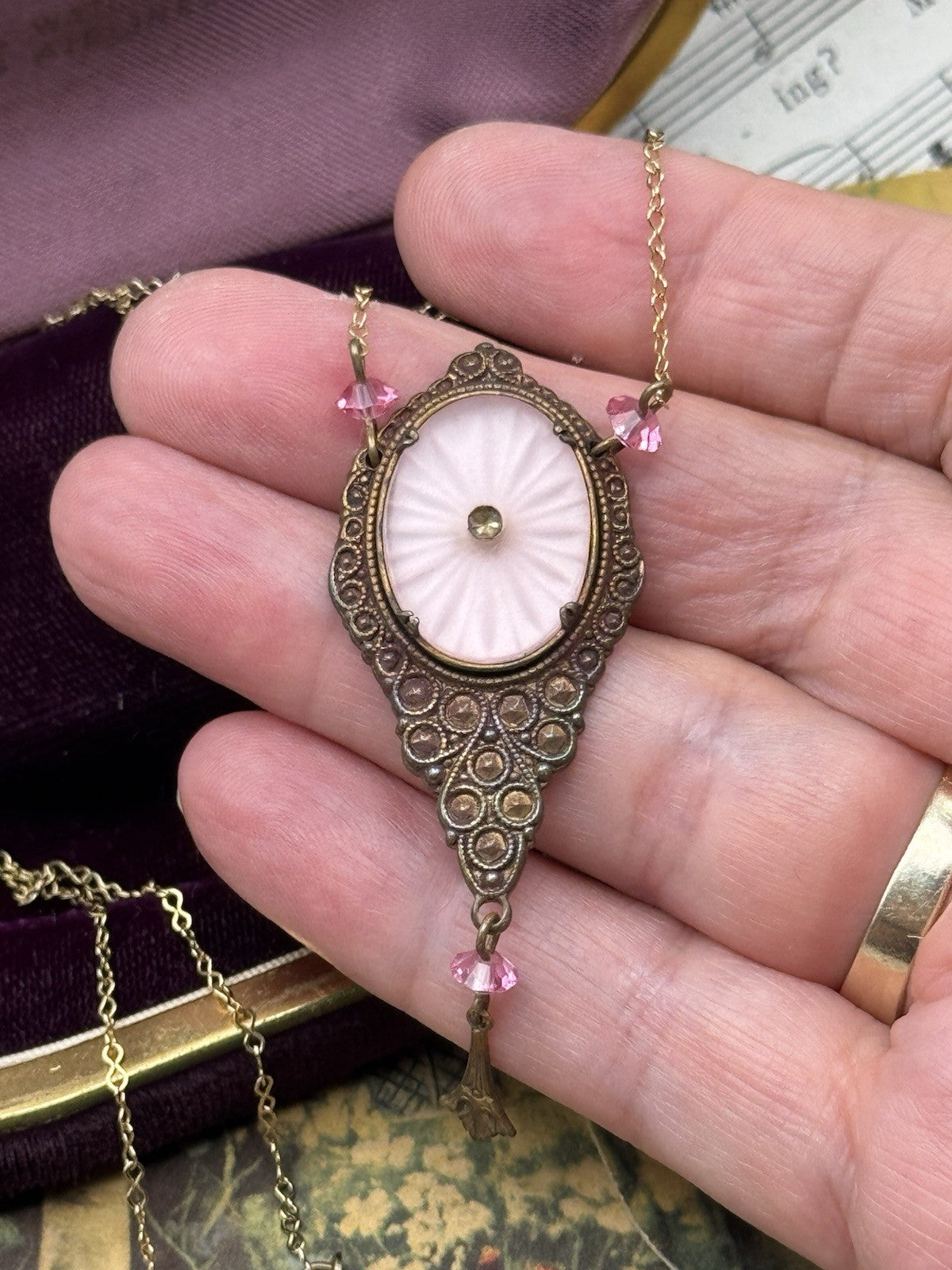 Vintage Pink Camphor Glass Pendant Necklace 20” Copper Goldtone