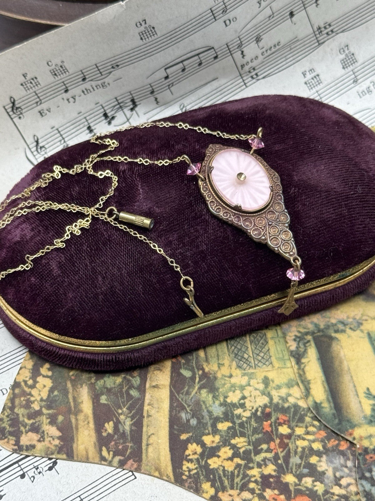 Vintage Pink Camphor Glass Pendant Necklace 20” Copper Goldtone