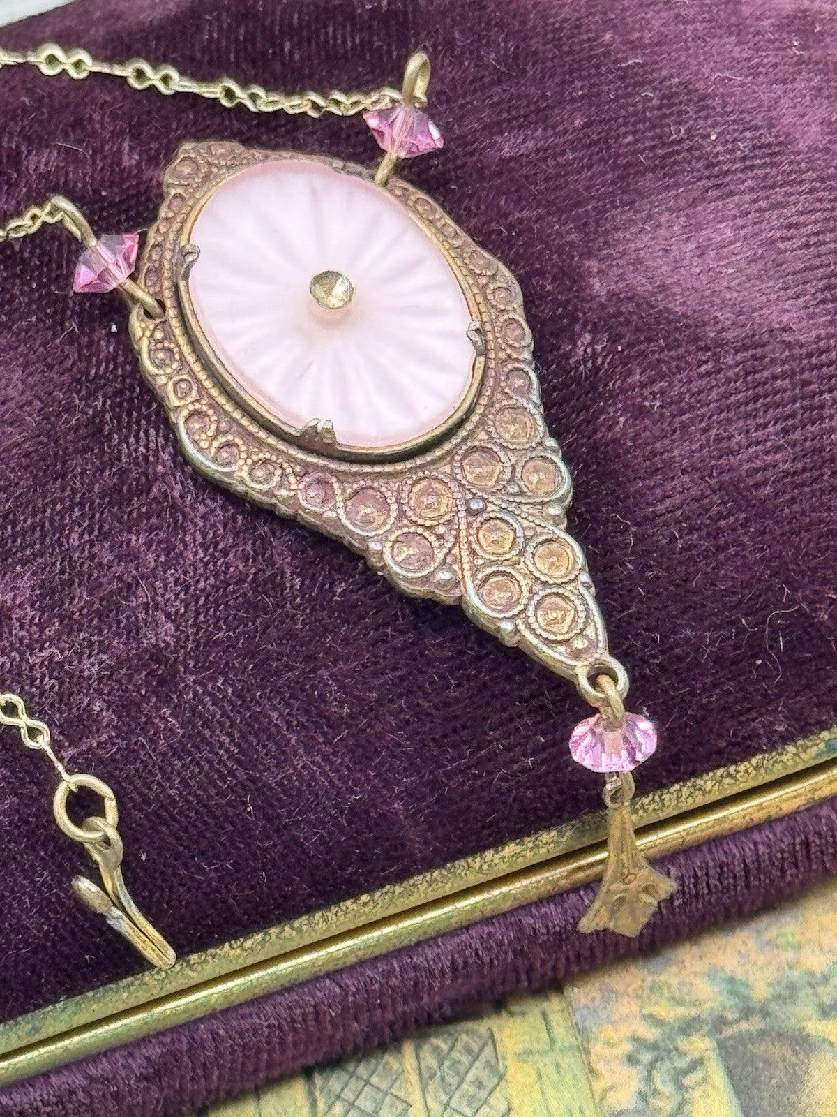 Vintage Pink Camphor Glass Pendant Necklace 20” Copper Goldtone