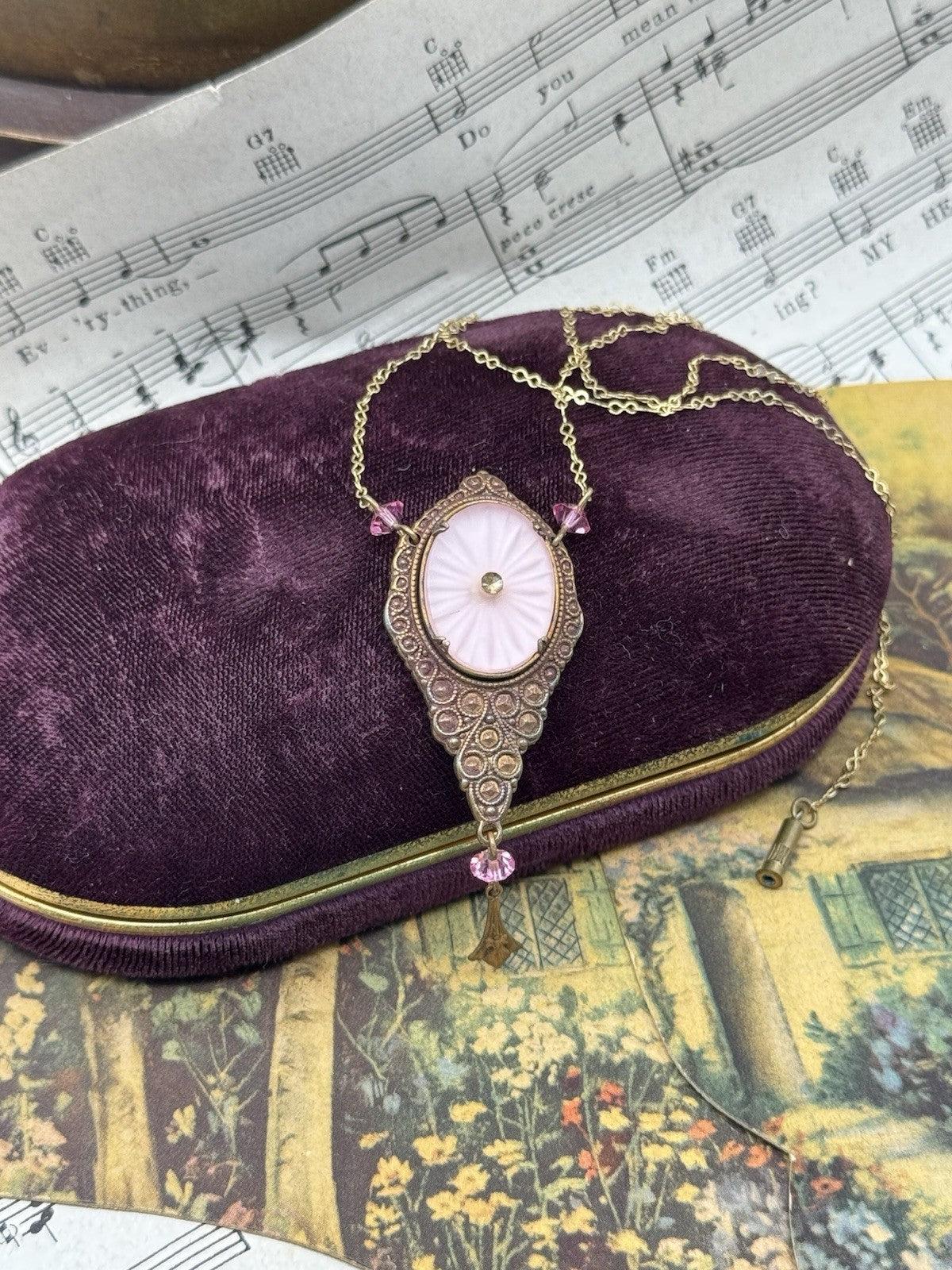 Vintage Pink Camphor Glass Pendant Necklace 20” Copper Goldtone
