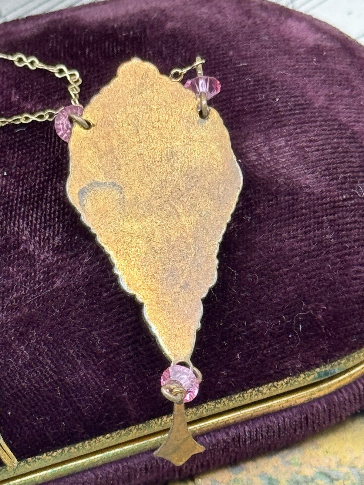 Vintage Pink Camphor Glass Pendant Necklace 20” Copper Goldtone